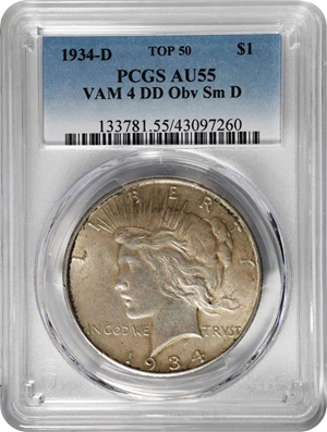 image for: 1934-D Peace Silver Dollar. VAM-4. Top 50 Variety. Doubled Die Obverse, Small D. AU-55 (PCGS).