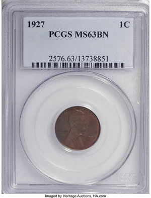 image for: 1927 1C MS63 Brown PCGS. PCGS Population (6/5). NGC Census: (3/13). Mintage: 144,440,000. Numismedia Wsl. Price for NGC/PCG...