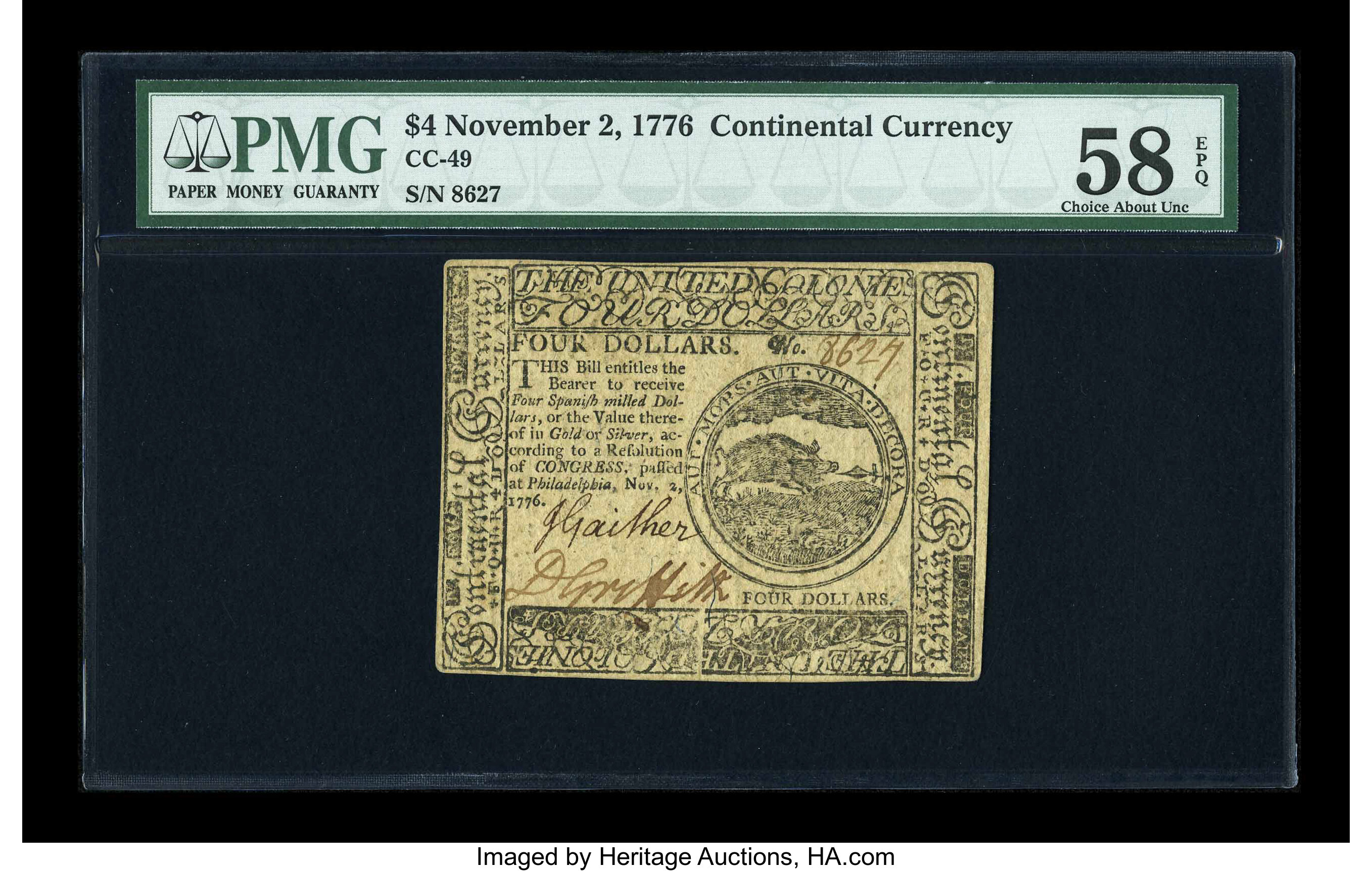 image for: Continental Currency November 2, 1776 $4 PMG Choice About Unc 58 EPQ....
