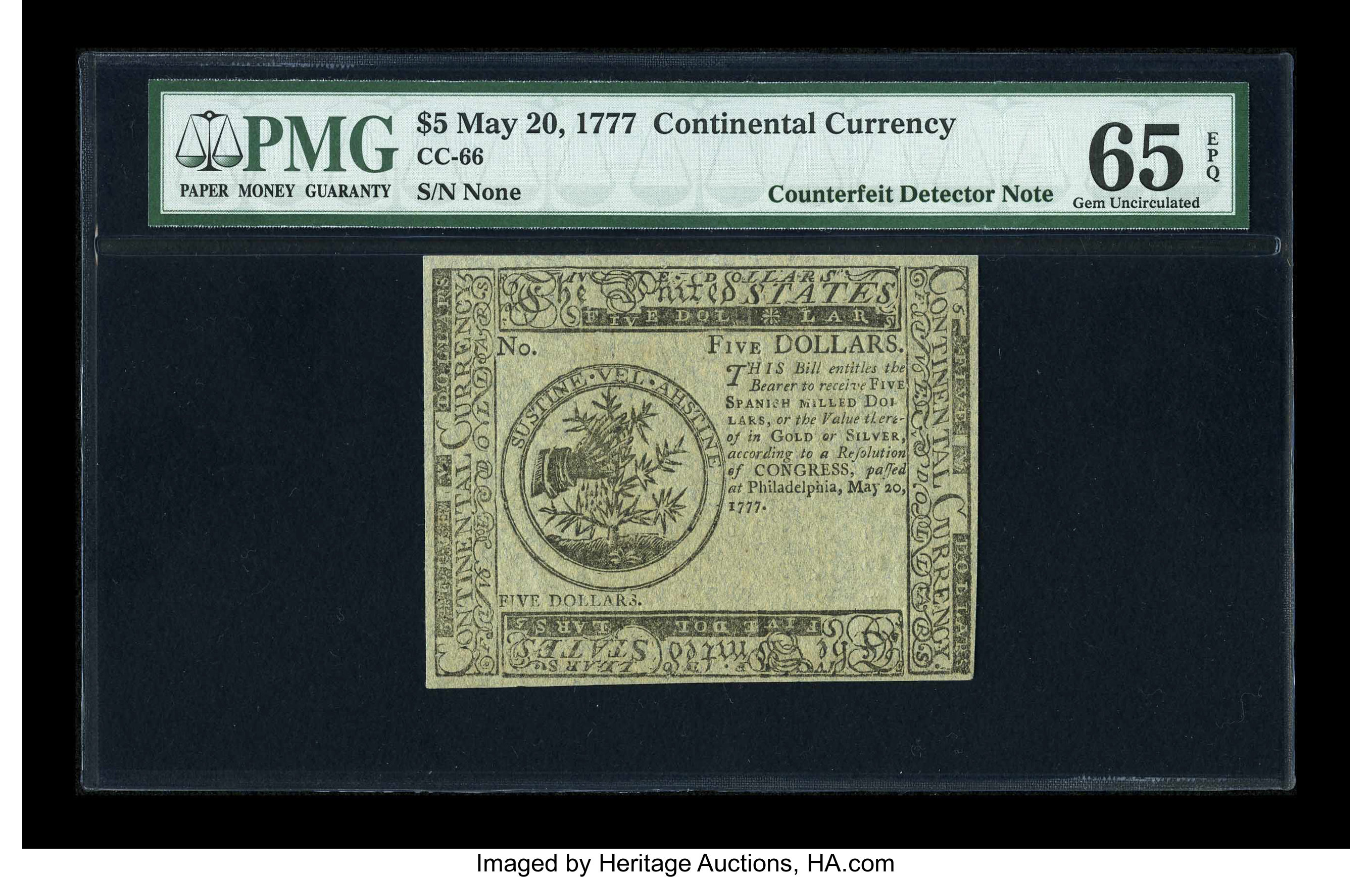 image for: Continental Currency May 20, 1777 $5 Blue Detector PMG Gem Uncirculated 65 EPQ....