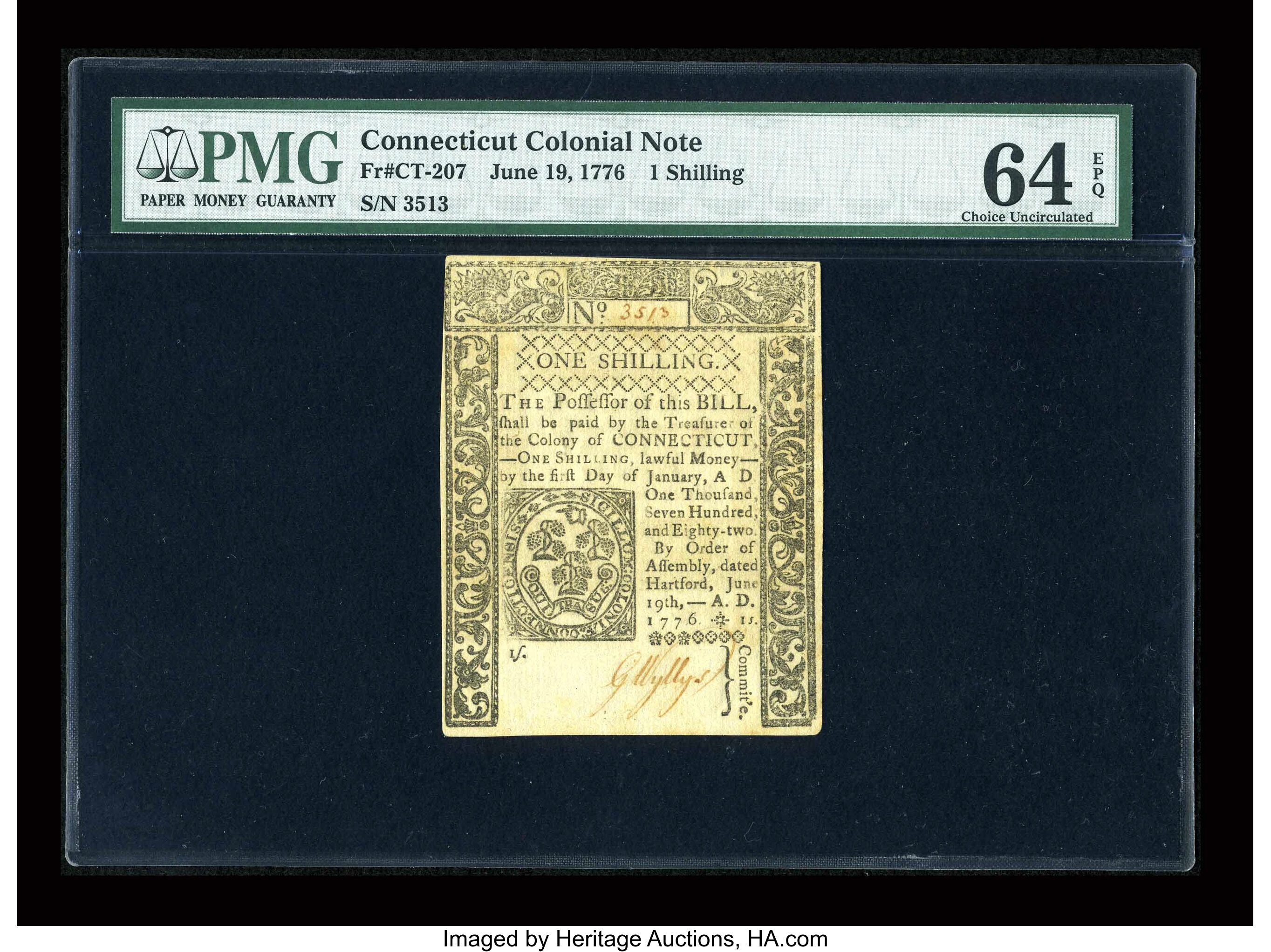 image for: Connecticut June 19, 1776 1s PMG Choice Uncirculated 64 EPQ....