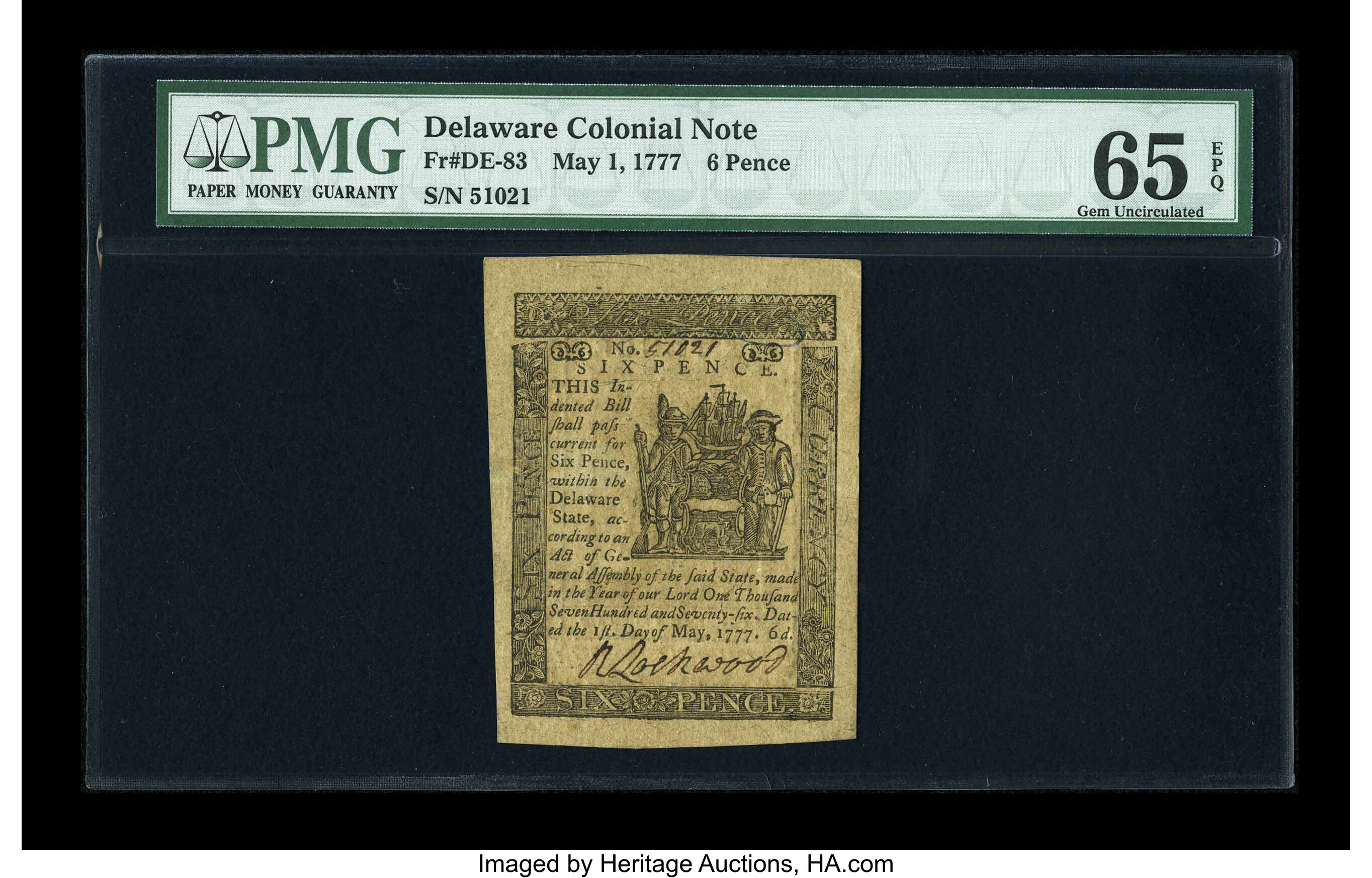 image for: Delaware May 1, 1777 6d PMG Gem Uncirculated 65 EPQ....
