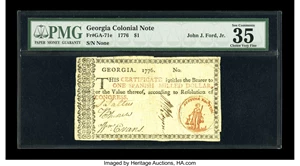 image for: Georgia 1776 $1 Orange Seal PMG Choice Very Fine 35....