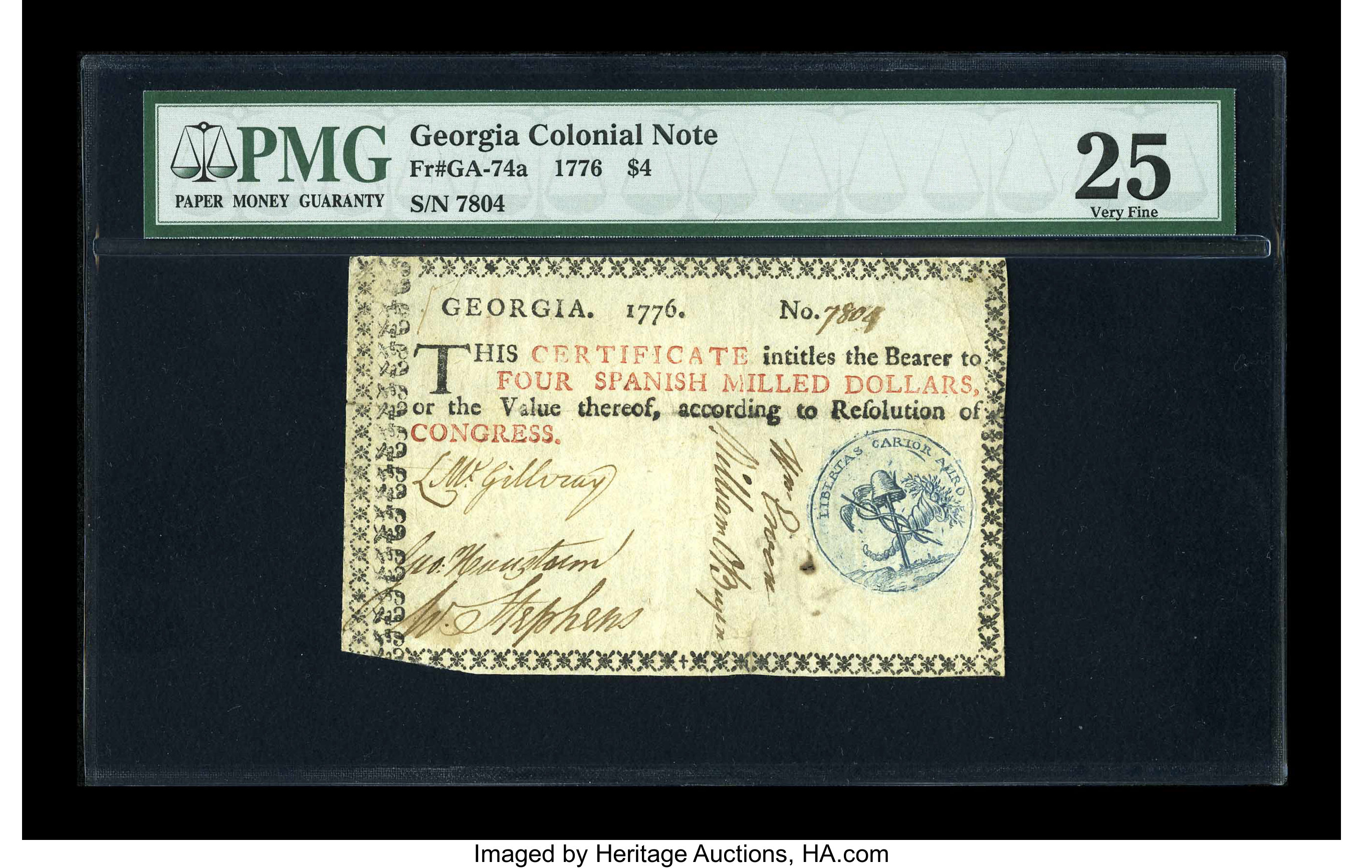 image for: Georgia 1776 $4 Blue Caduceus PMG Very Fine 25....