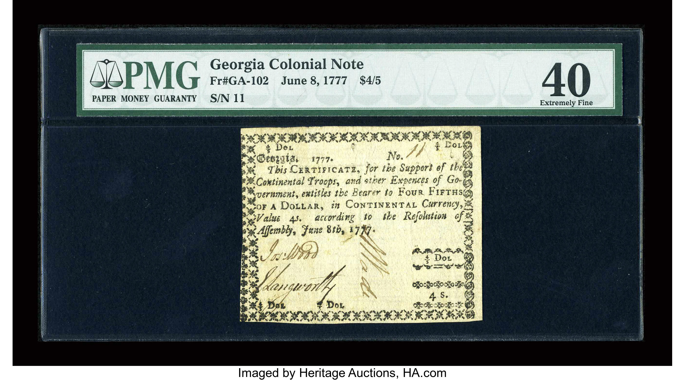 image for: Georgia June 8, 1777 $4/5 PMG Extremely Fine 40....