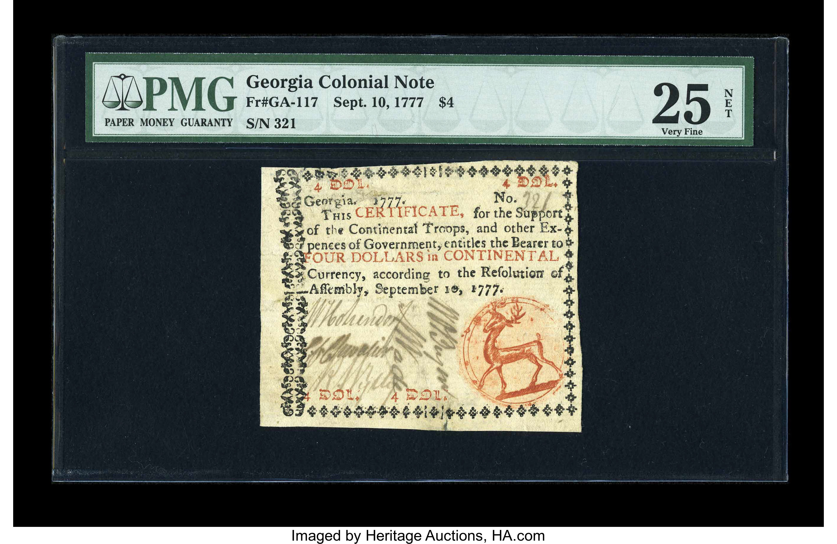 image for: Georgia September 10, 1777 $4 PMG Very Fine 25 NET....