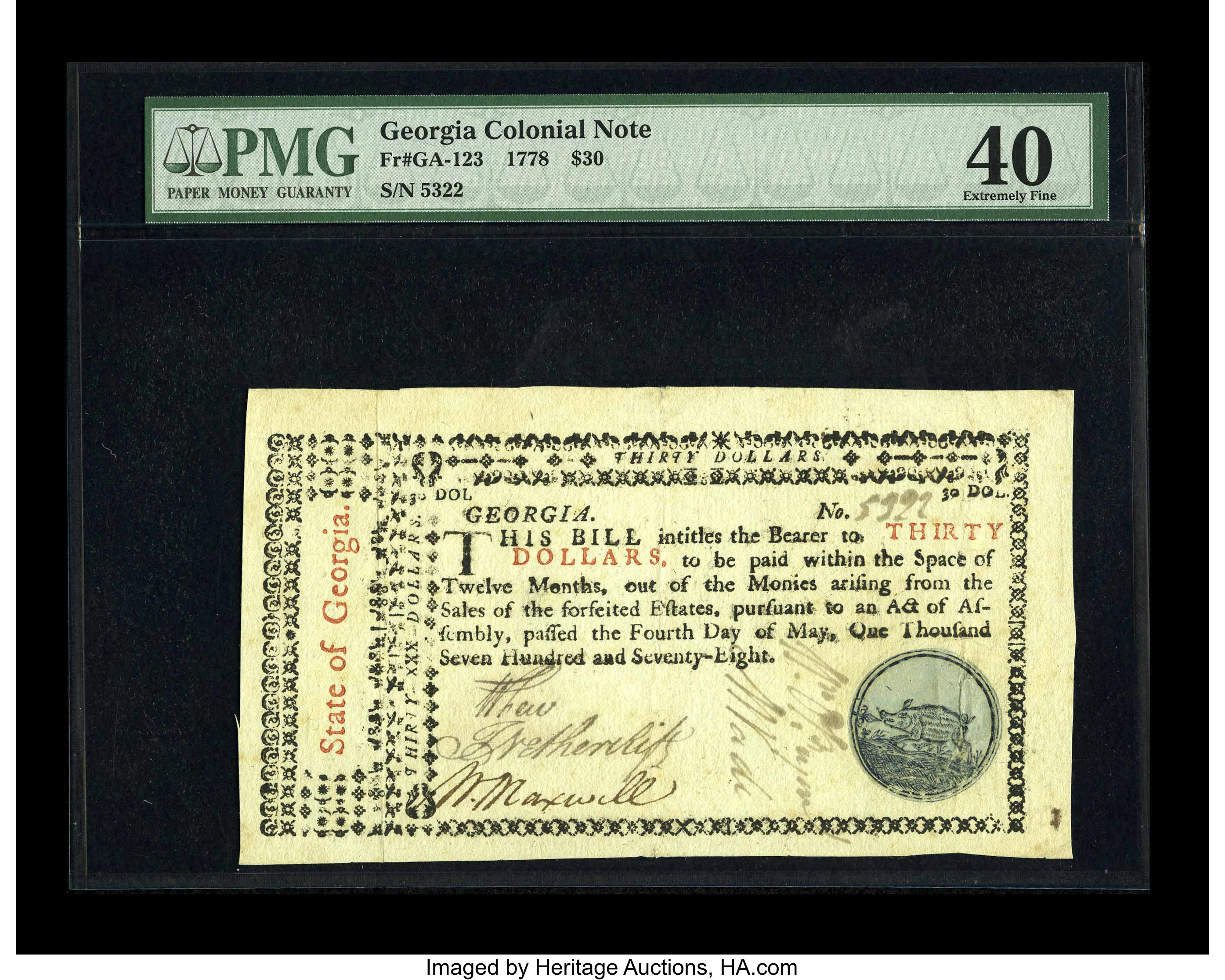 image for: Georgia May 4, 1778 $30 PMG Extremely Fine 40....