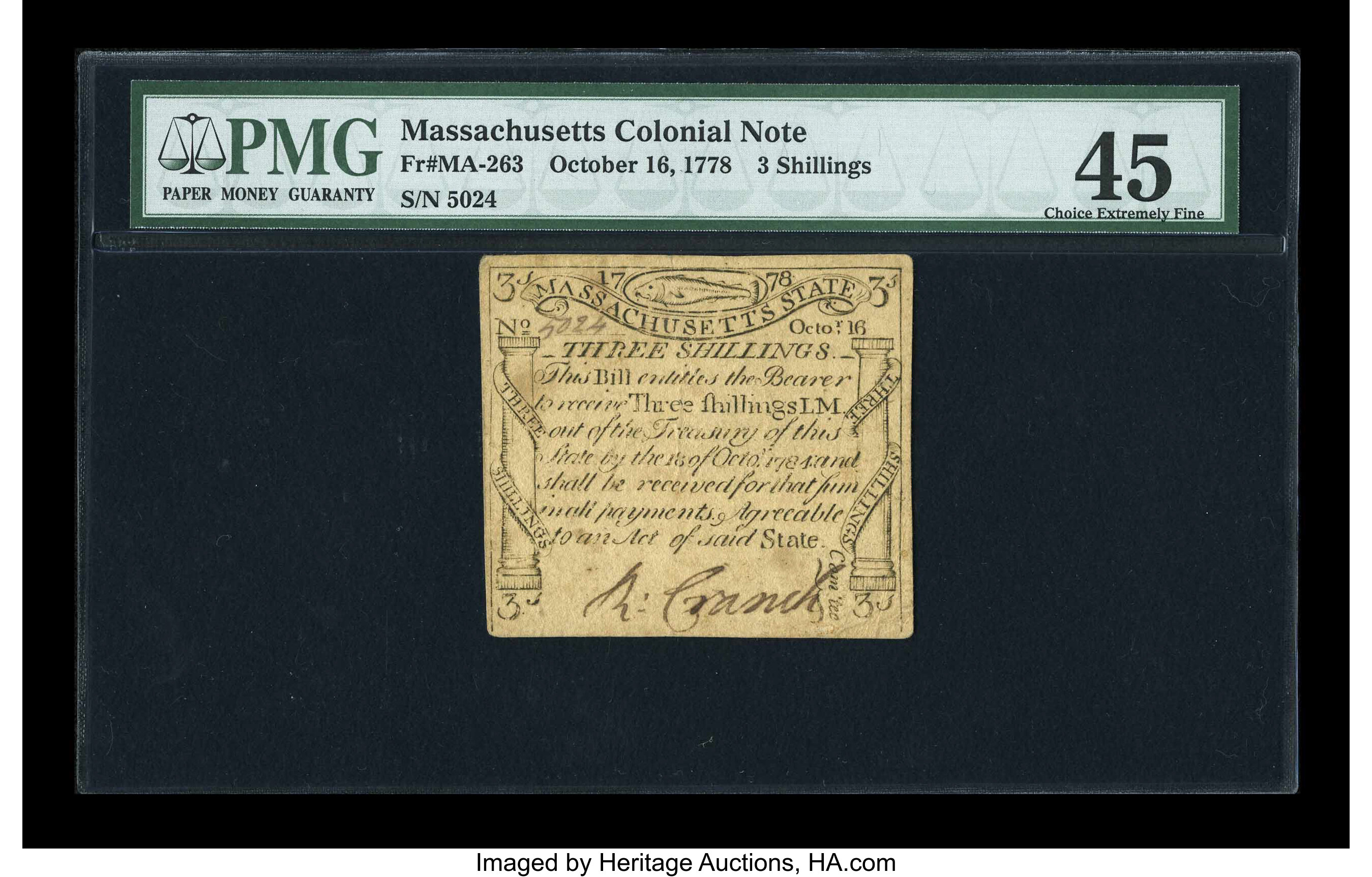 image for: Massachusetts October 16, 1778 3s PMG Choice Extremely Fine 45....