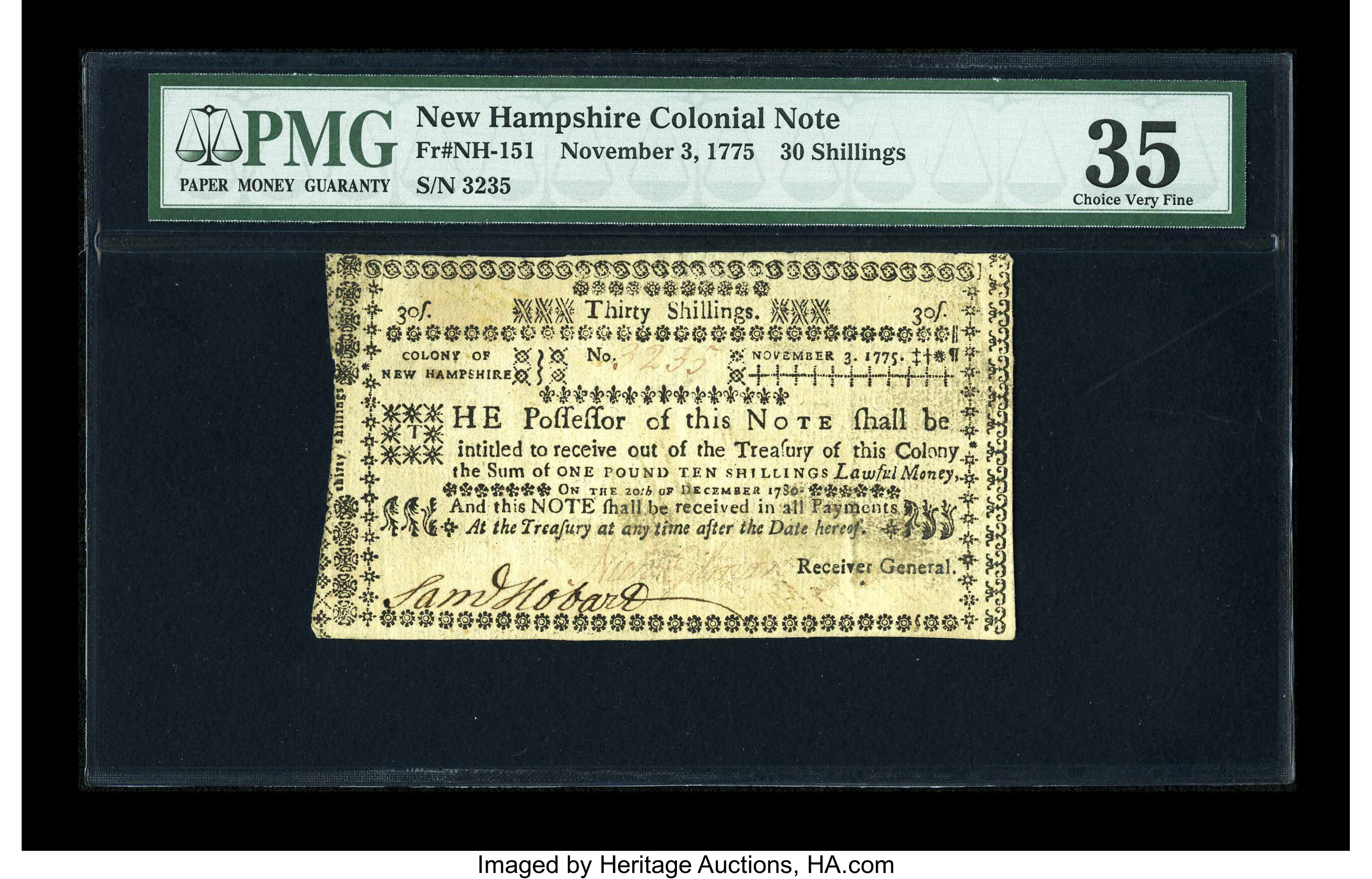 image for: New Hampshire November 3, 1775 30s PMG Choice Very Fine 35....