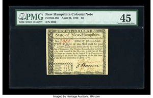image for: New Hampshire April 29, 1780 $8 PMG Choice Extremely Fine 45....