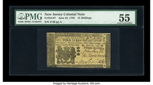 image for: New Jersey June 22, 1756 15s PMG About Uncirculated 55....