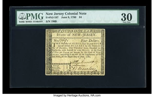 image for: New Jersey June 9, 1780 $4 PMG Very Fine 30....
