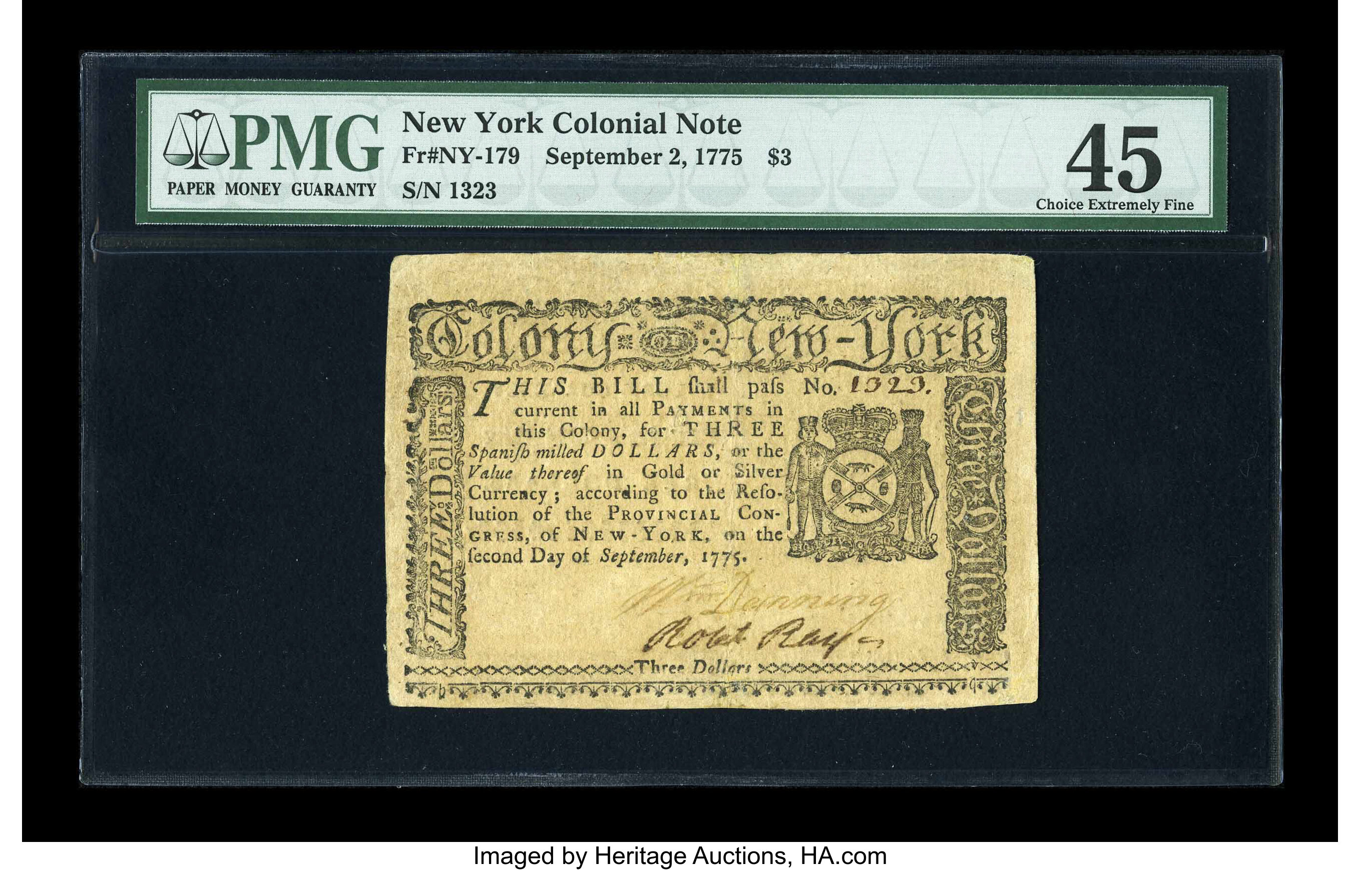 image for: New York September 2, 1775 $3 PMG Choice Extremely Fine 45....