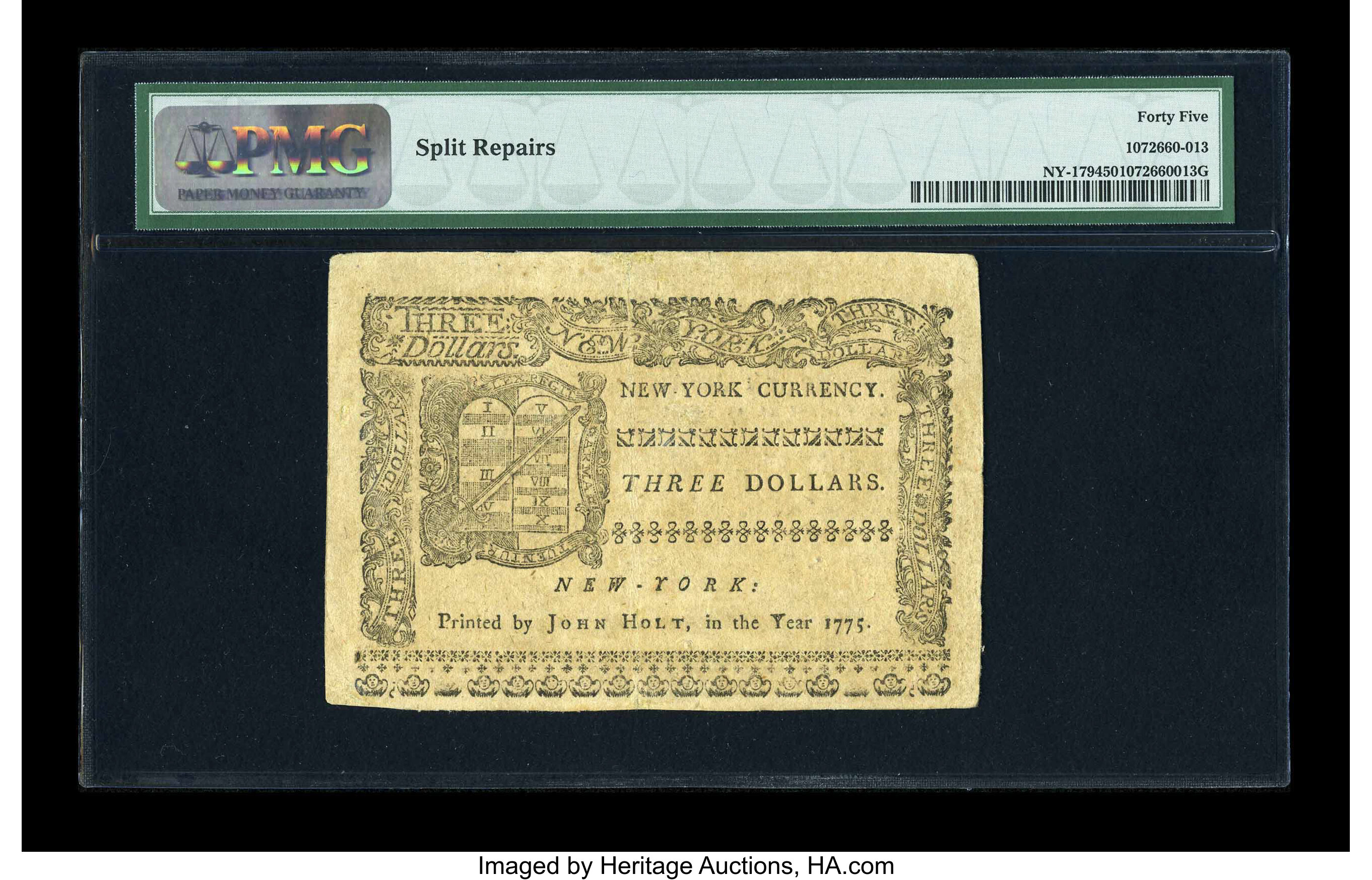 image for: New York September 2, 1775 $3 PMG Choice Extremely Fine 45....