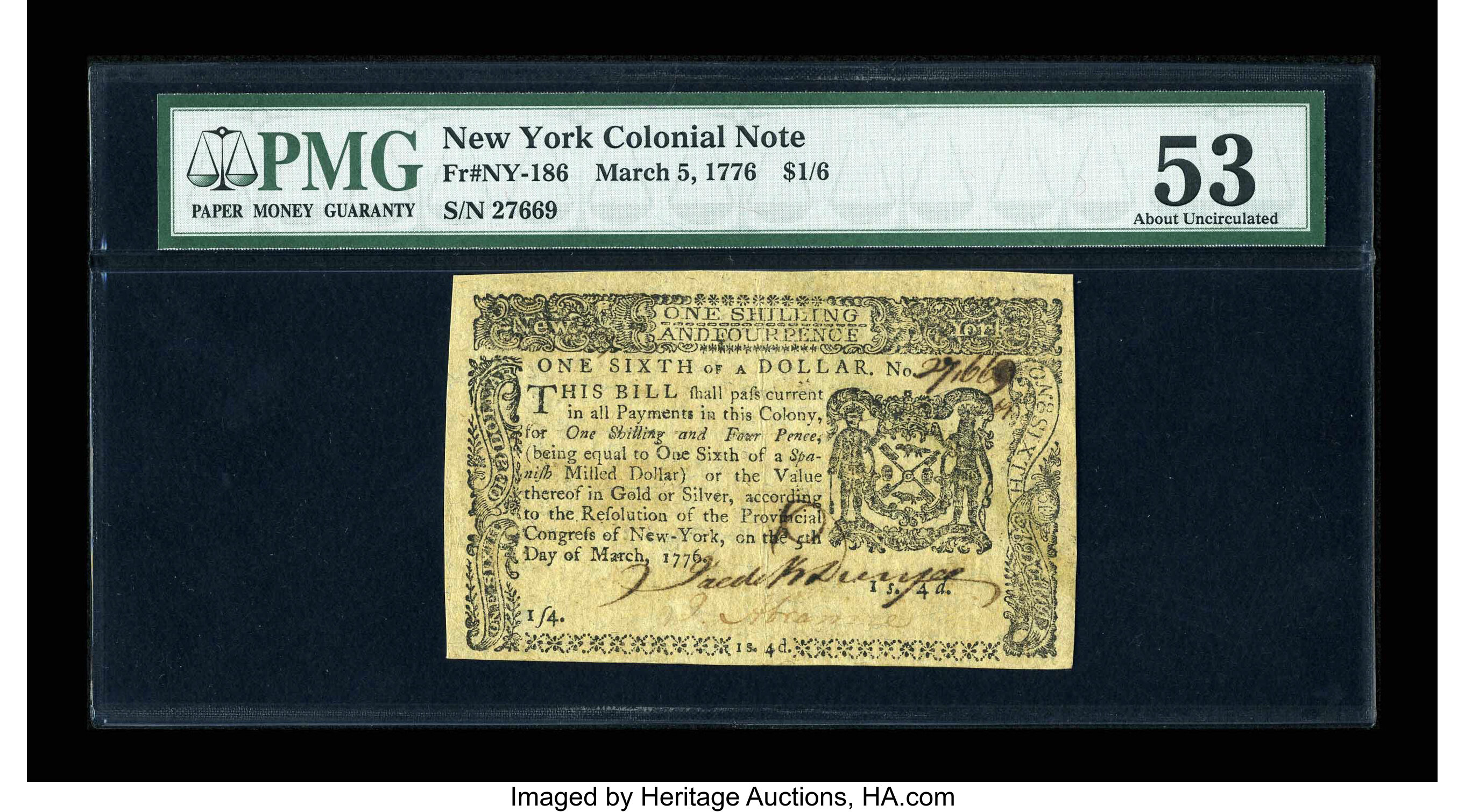 image for: New York March 5, 1776 $1/6 PMG About Uncirculated 53....