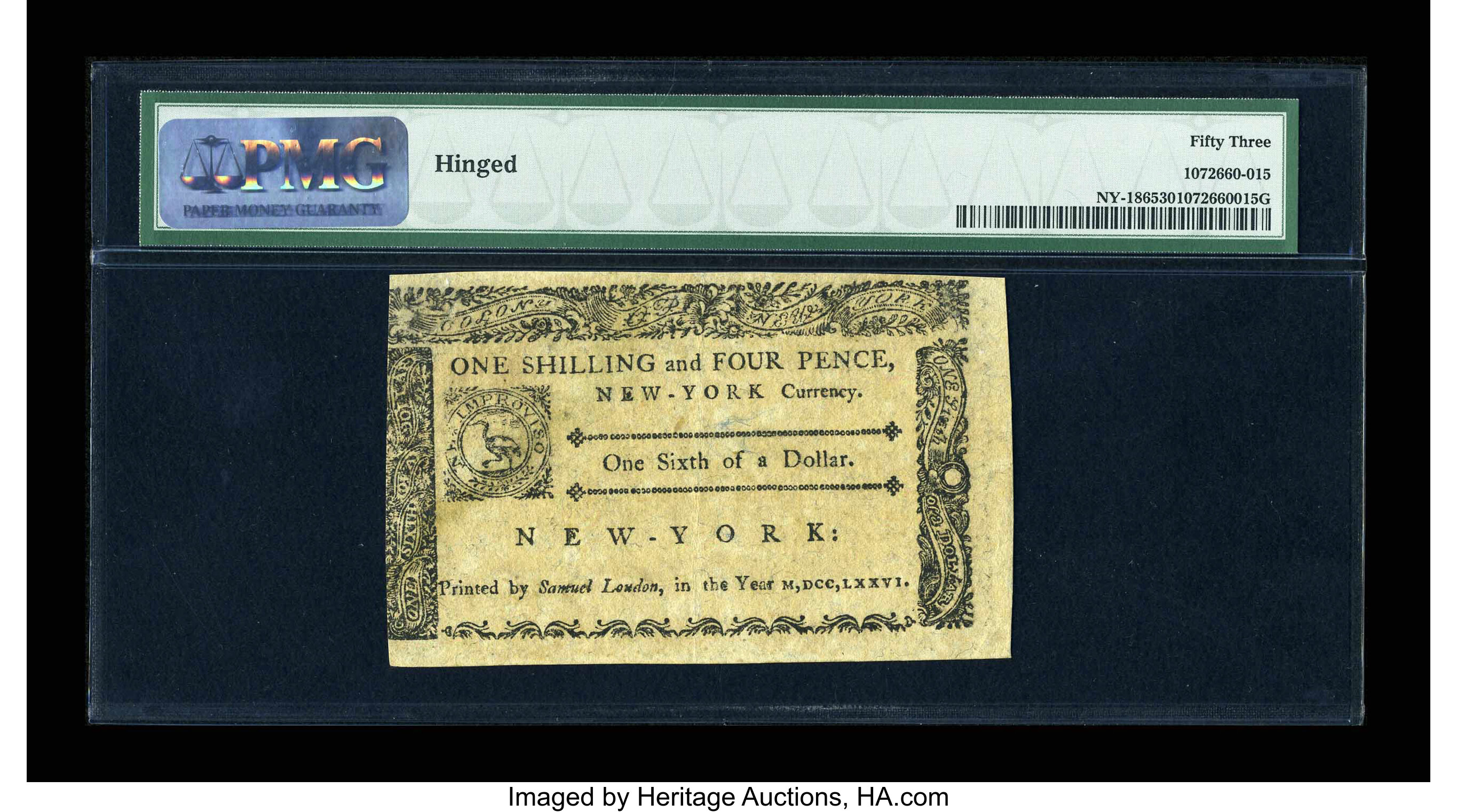 image for: New York March 5, 1776 $1/6 PMG About Uncirculated 53....
