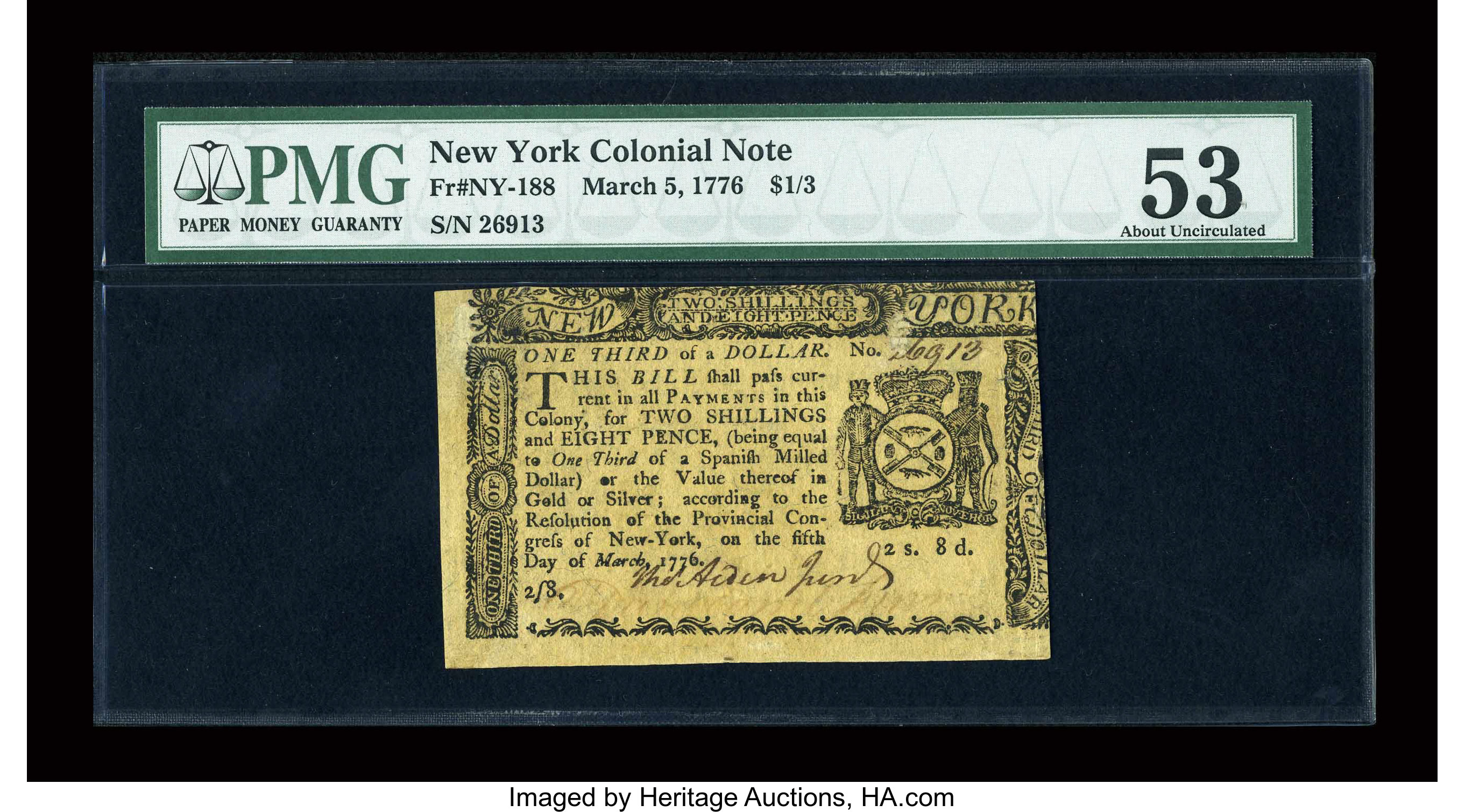 image for: New York March 5, 1776 $1/3 PMG About Uncirculated 53....