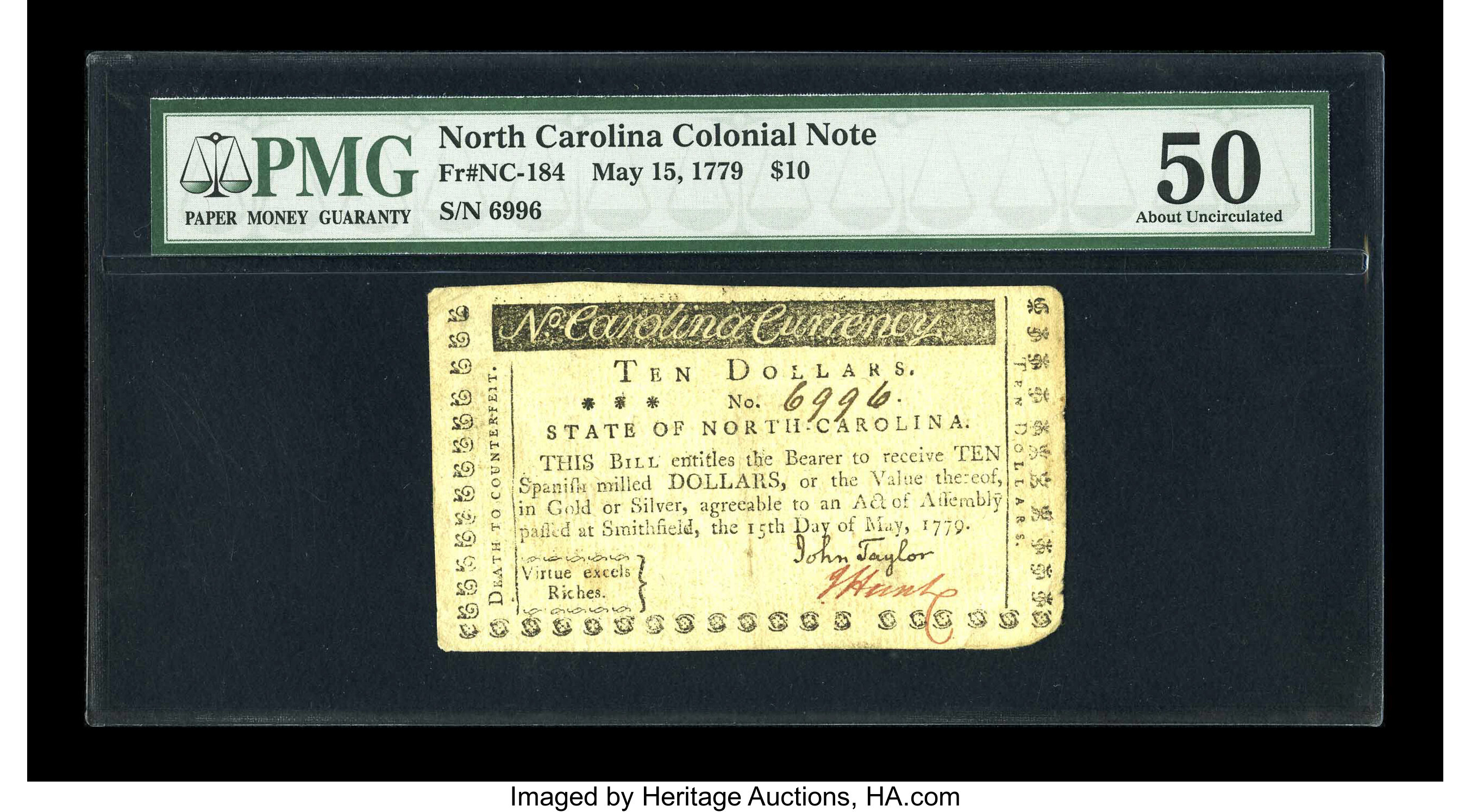 image for: North Carolina May 15, 1779 $10 PMG About Uncirculated 50....