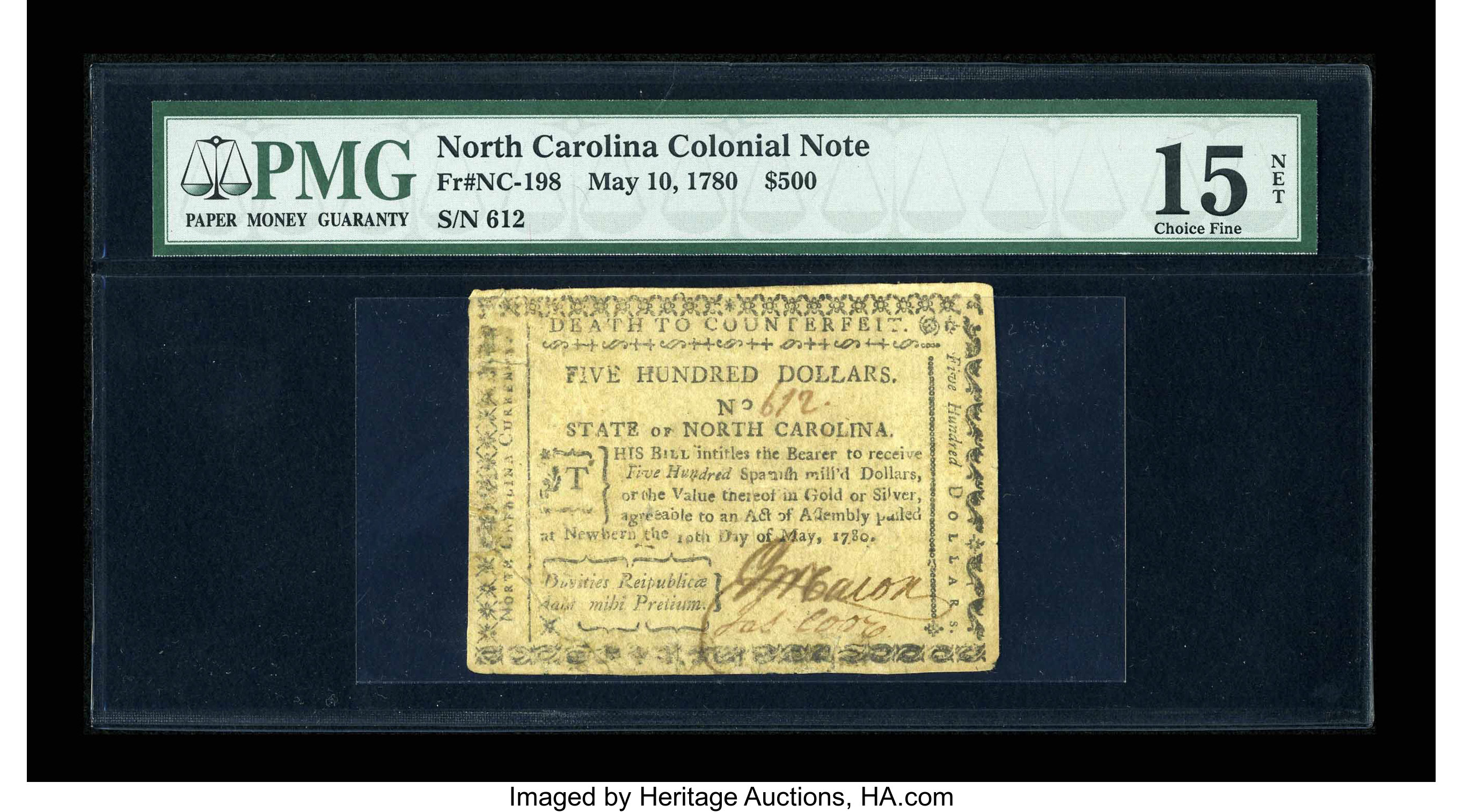 image for: North Carolina May 10, 1780 $500 PMG Choice Fine 15 Net....