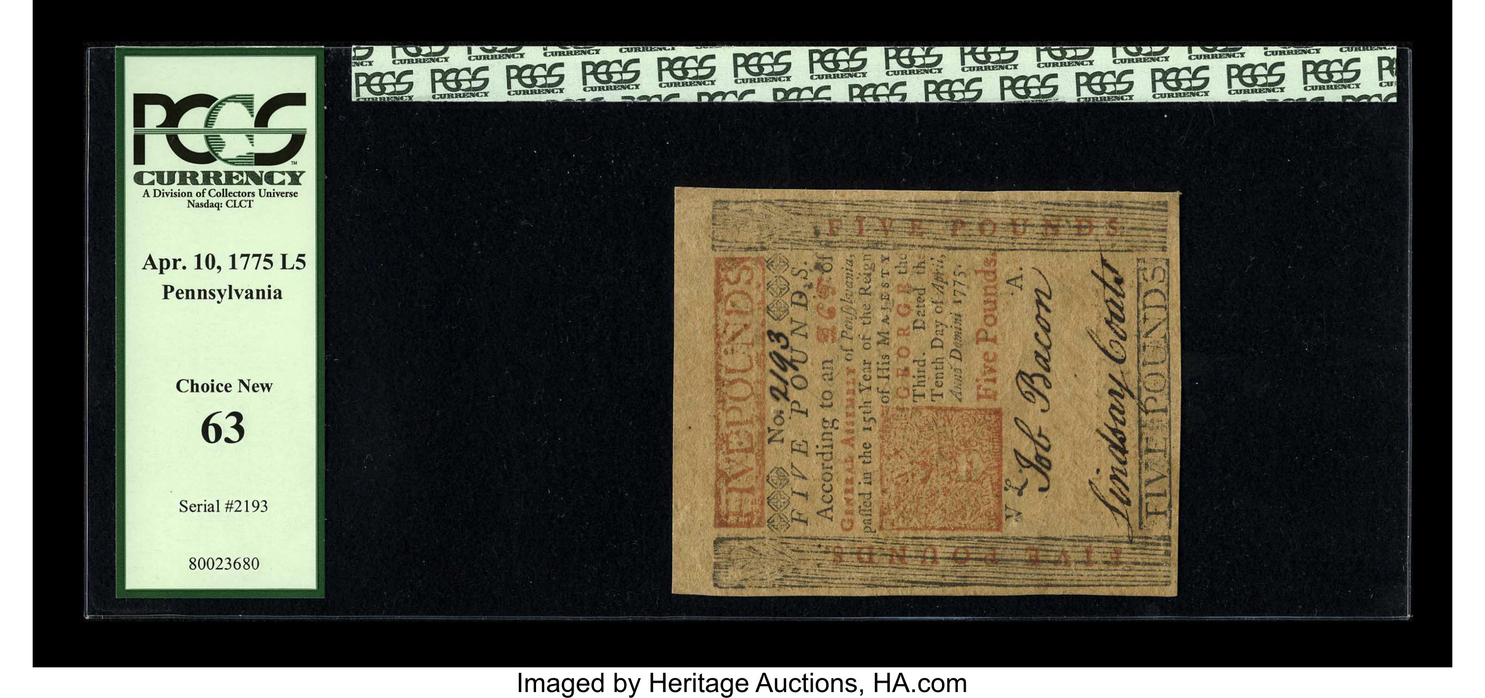 image for: Pennsylvania April 10, 1775 L5 PCGS Choice New 63....