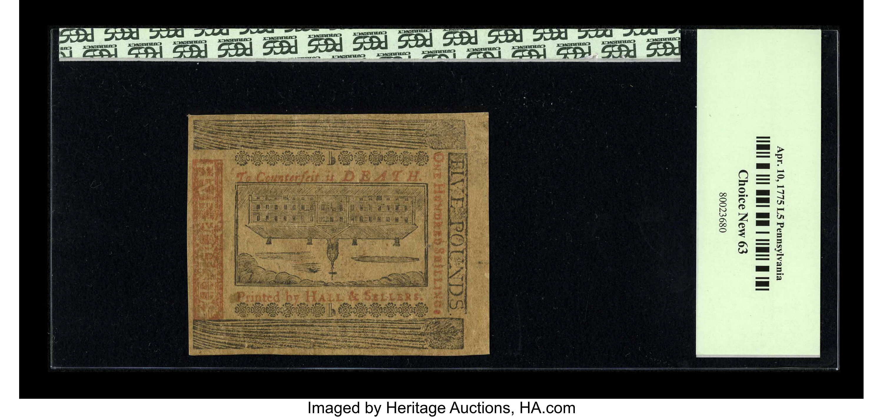 image for: Pennsylvania April 10, 1775 L5 PCGS Choice New 63....