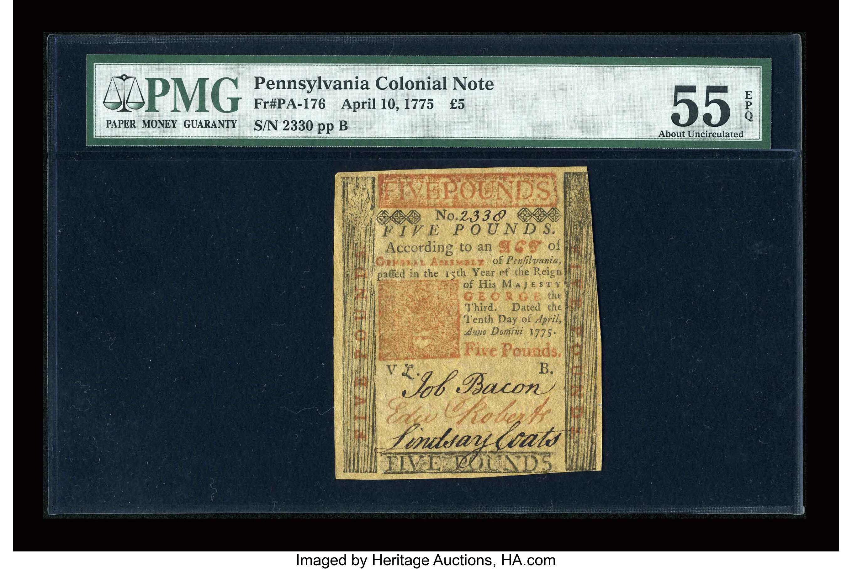 image for: Pennsylvania April 10, 1775 L5 PMG About Uncirculated 55 EPQ....