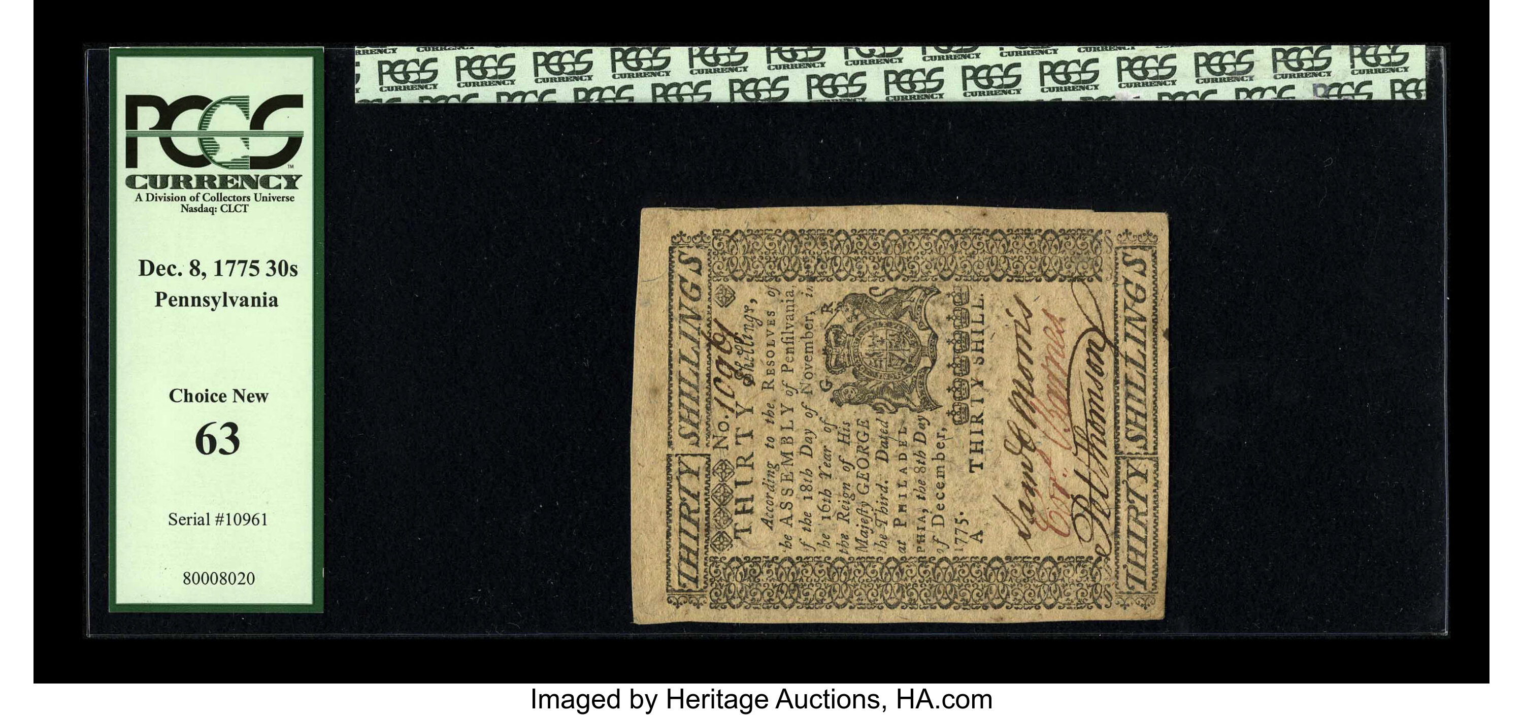 image for: Pennsylvania December 8, 1775 30s PCGS Choice New 63....
