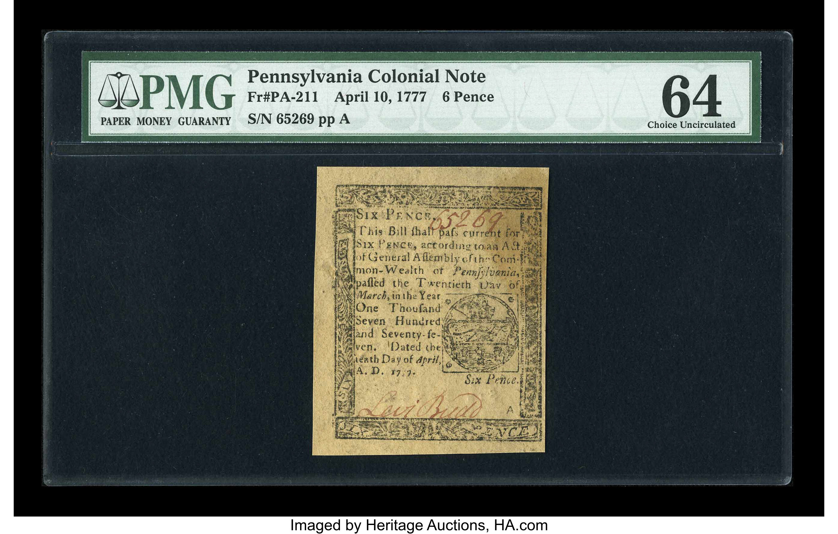 image for: Pennsylvania April 10, 1777 6d PMG Choice Uncirculated 64....