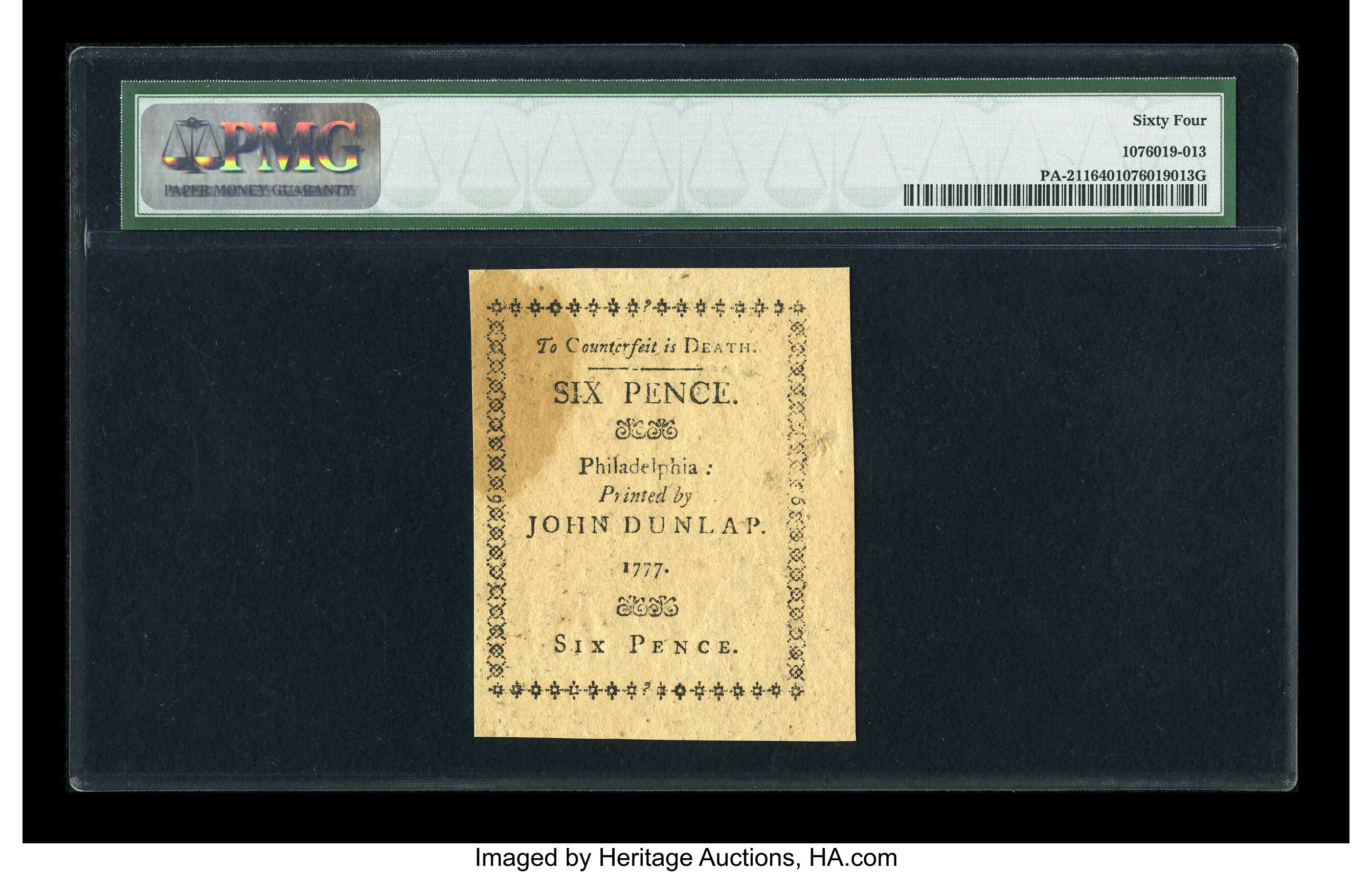 image for: Pennsylvania April 10, 1777 6d PMG Choice Uncirculated 64....