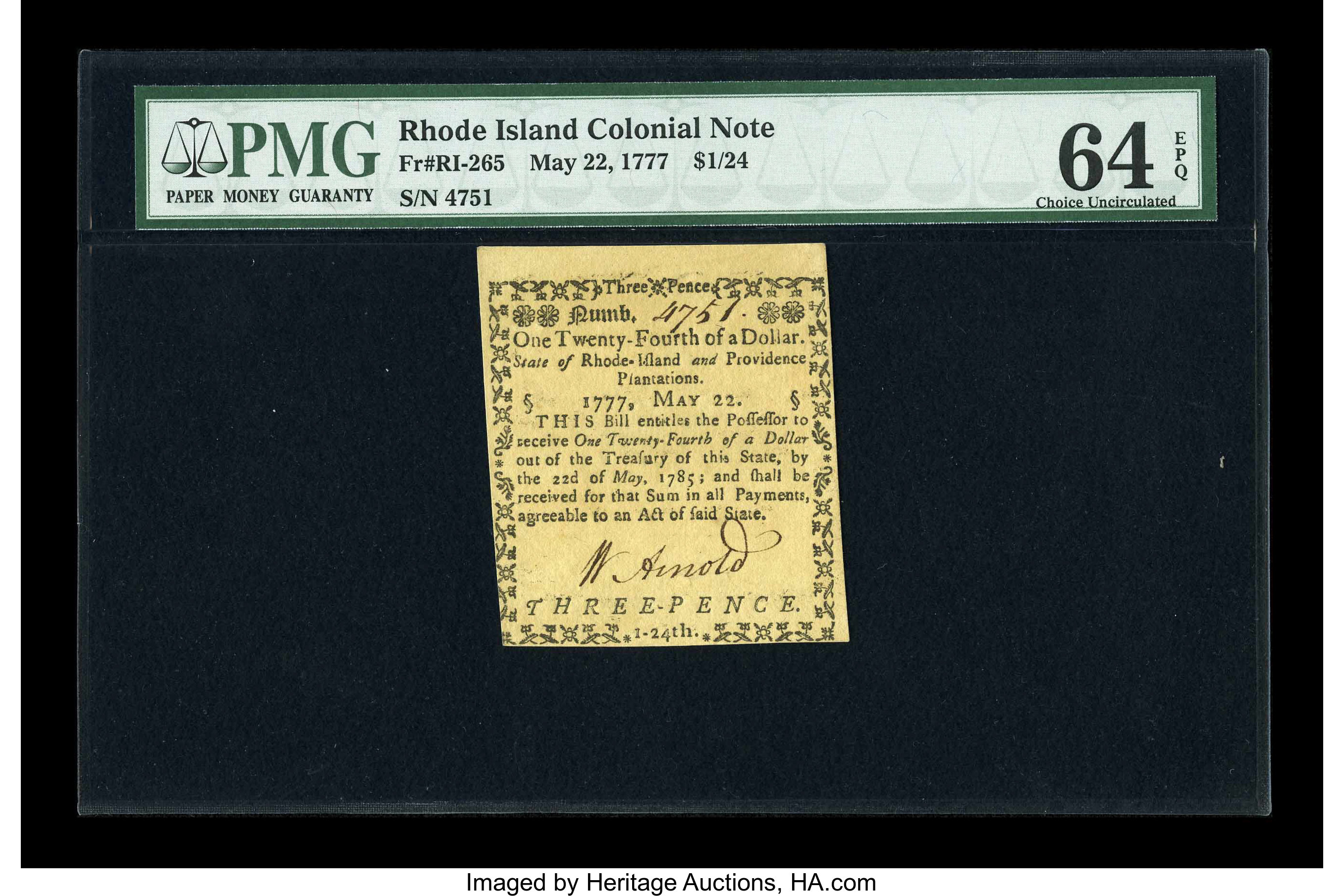 image for: Rhode Island May 22, 1777 $1/24 PMG Choice Uncirculated 64 EPQ....