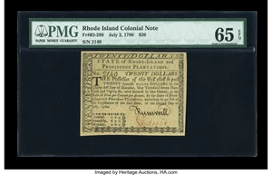 image for: Rhode Island July 2, 1780 $20 PMG Gem Uncirculated 65 EPQ....