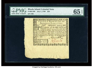 image for: Rhode Island July 2, 1780 $20 PMG Gem Uncirculated 65 EPQ....