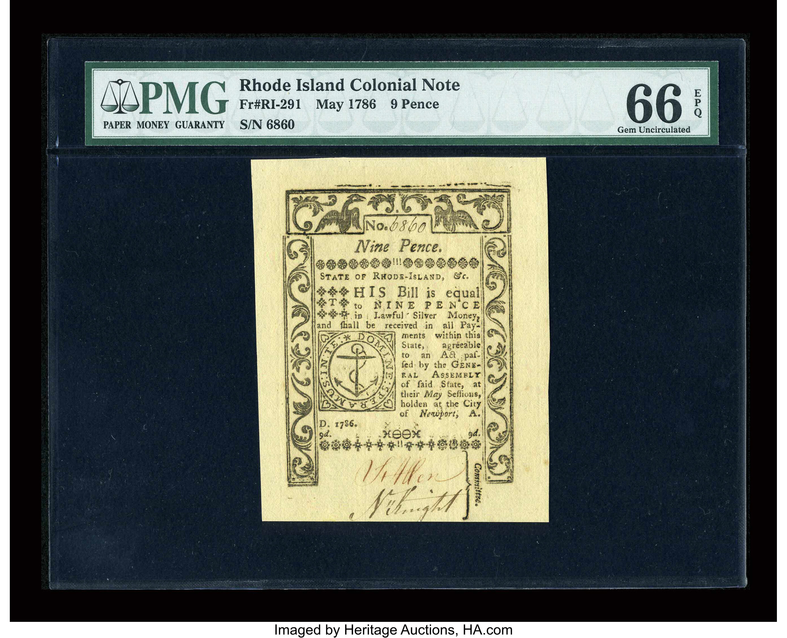 image for: Rhode Island May 1786 9d PMG Gem Uncirculated 66 EPQ....