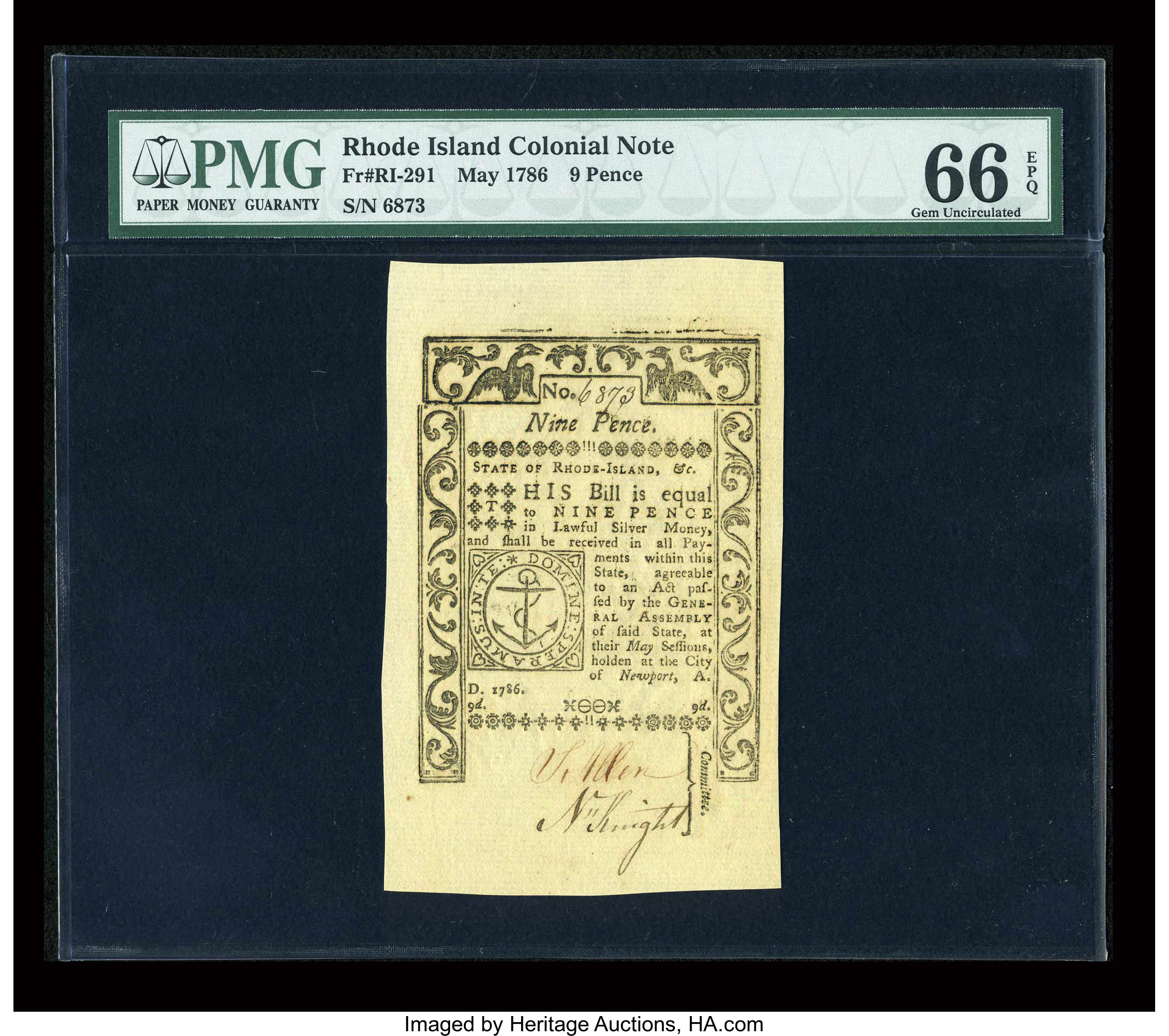 image for: Rhode Island May 1786 9d PMG Gem Uncirculated 66 EPQ....