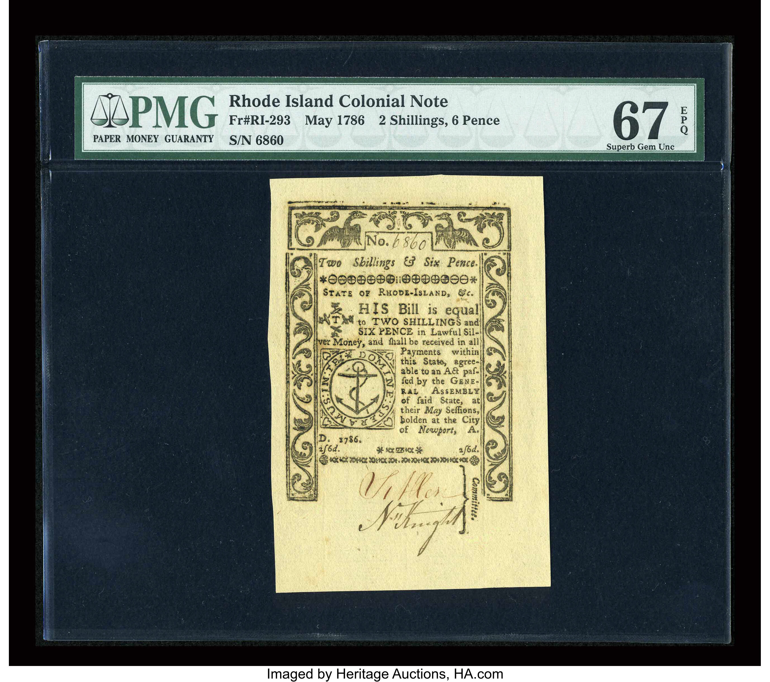image for: Rhode Island May 1786 2s6d PMG Superb Gem Unc 67 EPQ....
