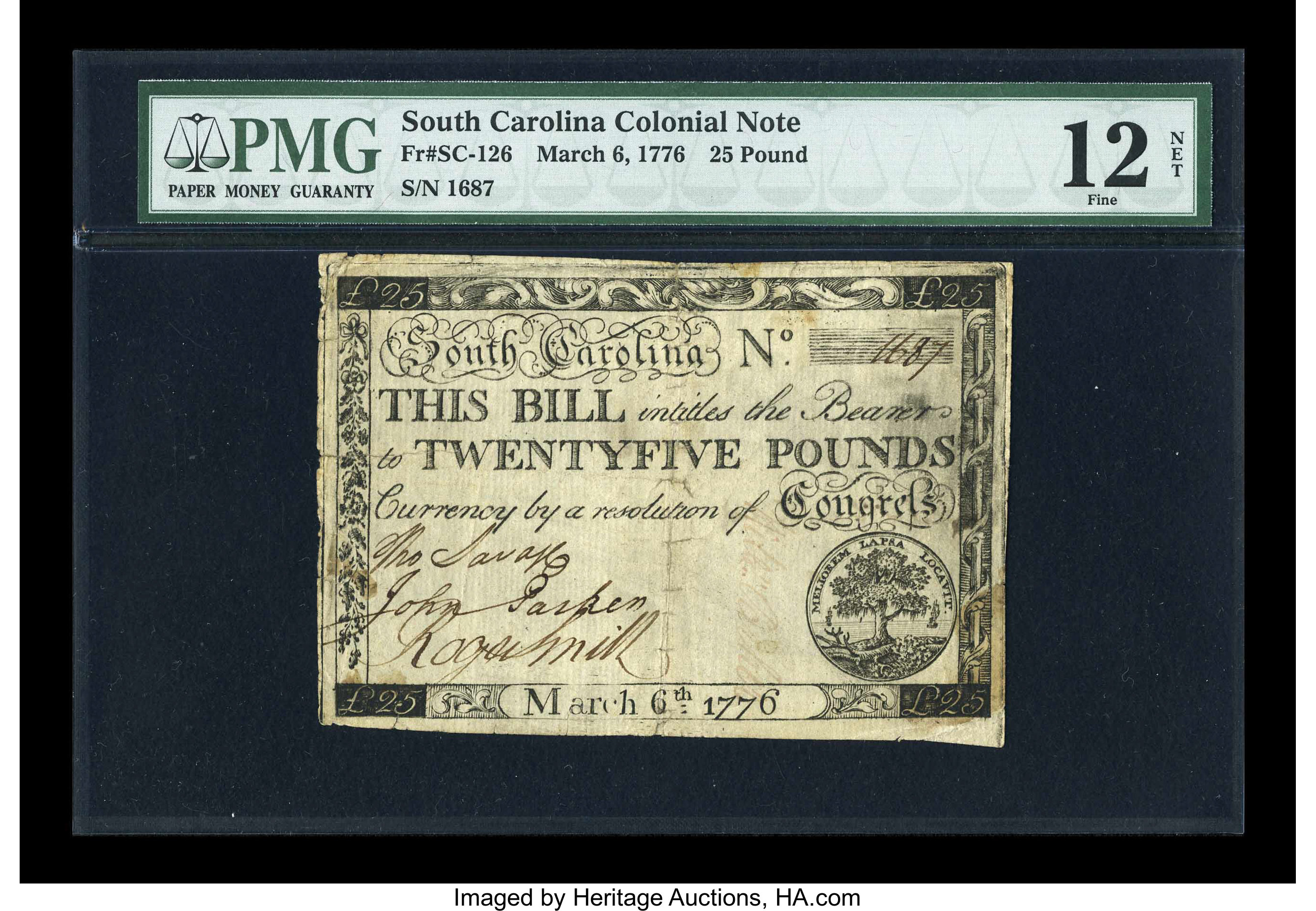 image for: South Carolina March 6, 1776 L25 PMG Fine 12 Net....
