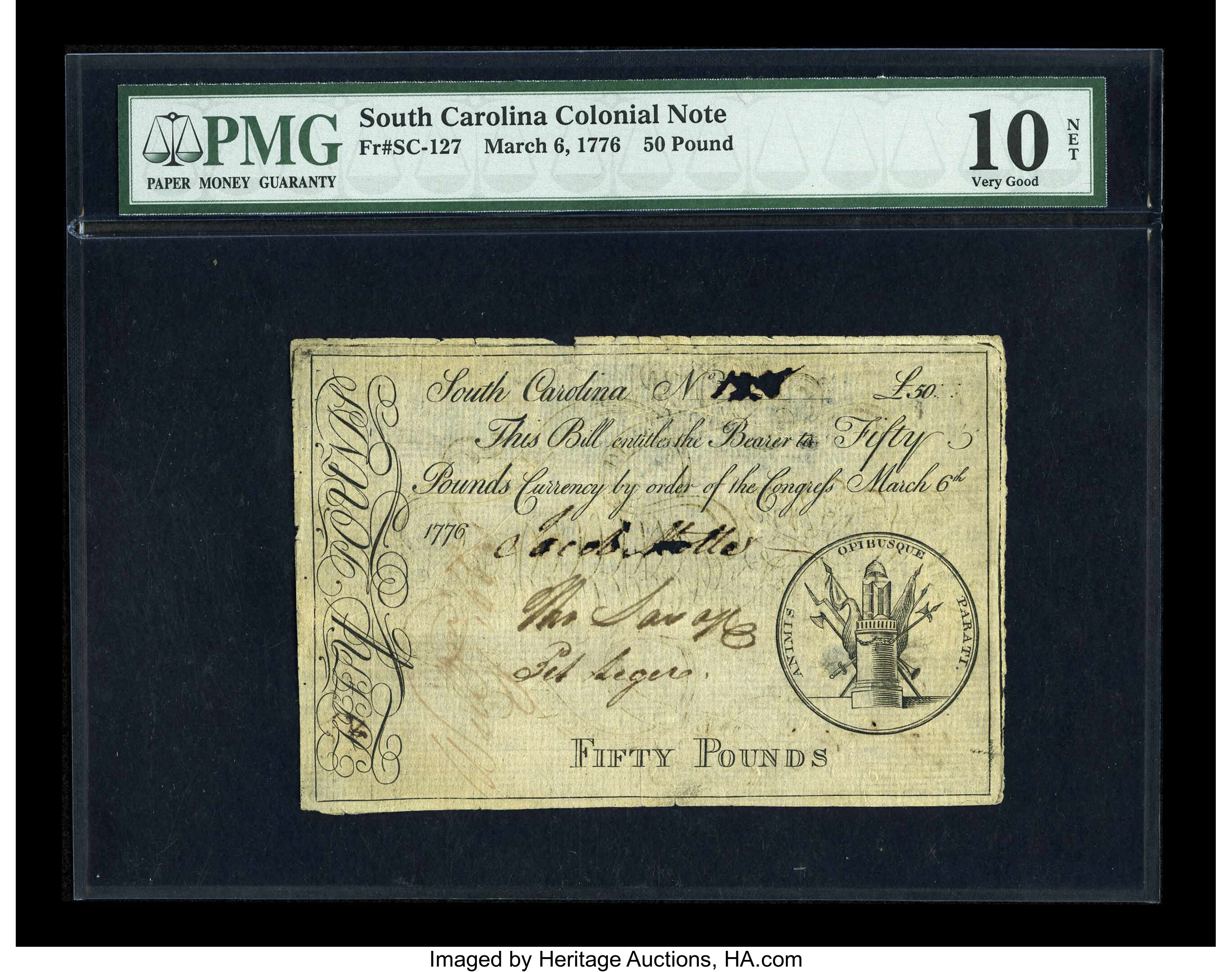 image for: South Carolina March 6, 1776 L50 PMG Very Good 10 Net....