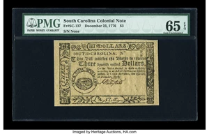 image for: South Carolina December 23, 1776 $3 PMG Gem Uncirculated 65 EPQ....