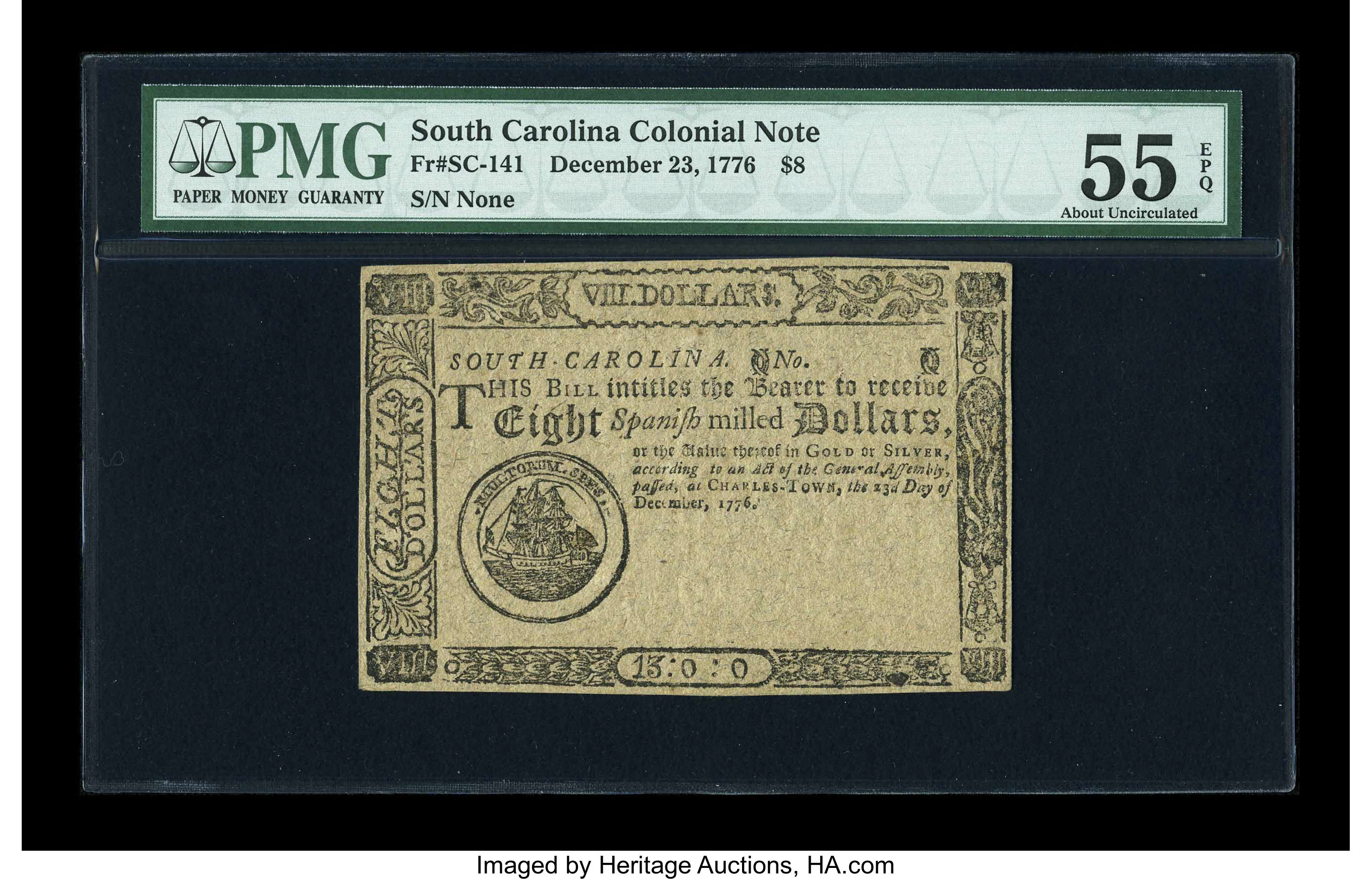image for: South Carolina December 23, 1776 $8 PMG About Uncirculated 55 EPQ....