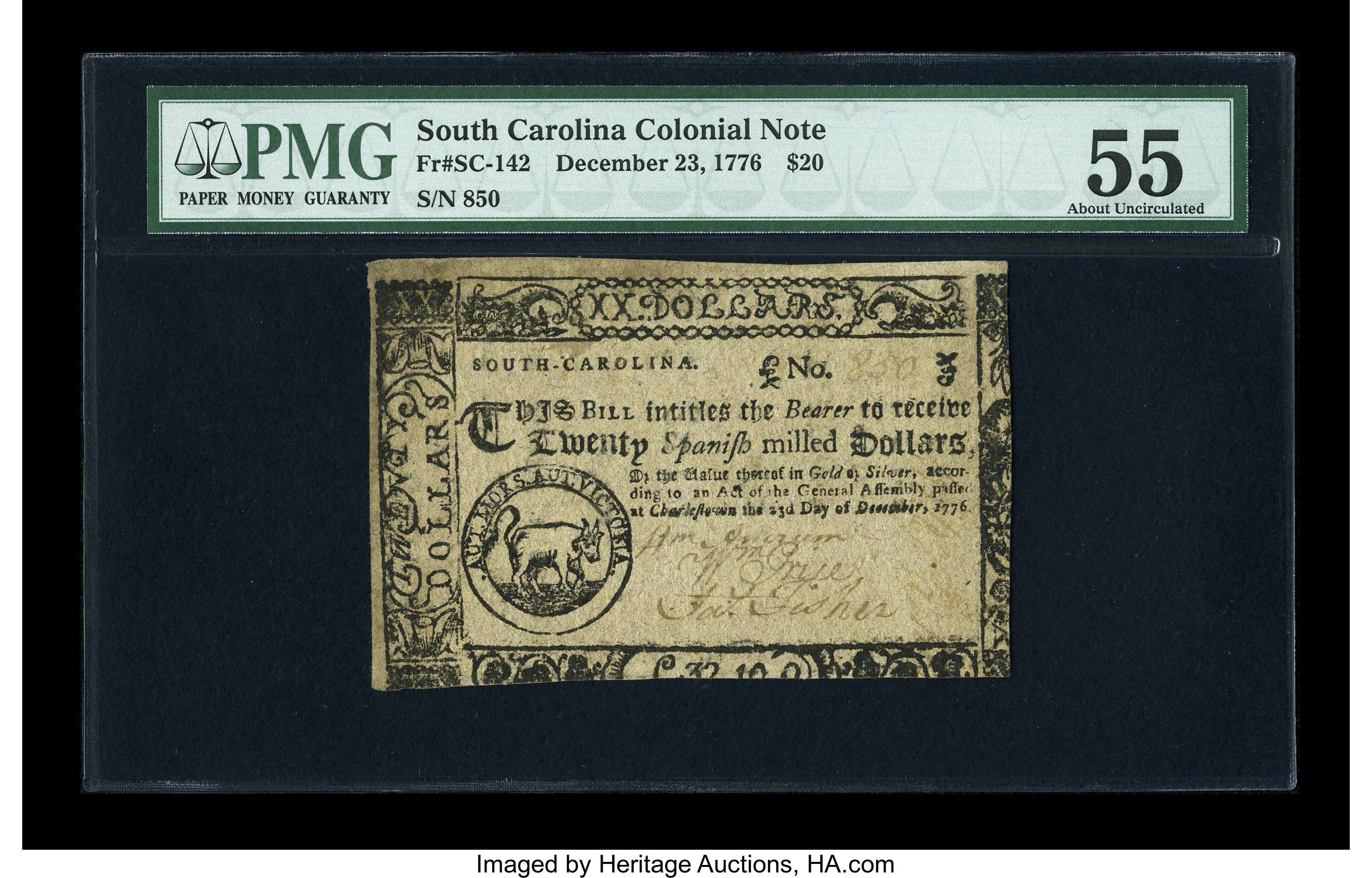 image for: South Carolina December 23, 1776 $20 PMG About Uncirculated 55....