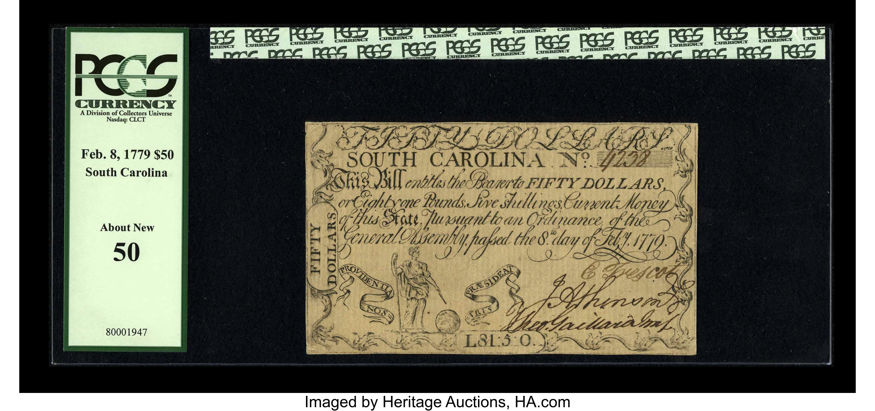 image for: South Carolina February 8, 1779 $50 PCGS About New 50....