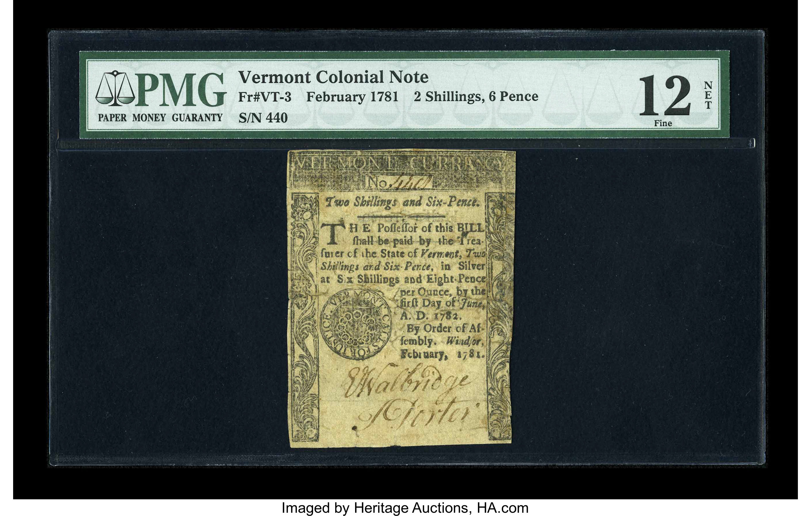 image for: Vermont February 1781 2s/6d PMG Fine 12 NET....
