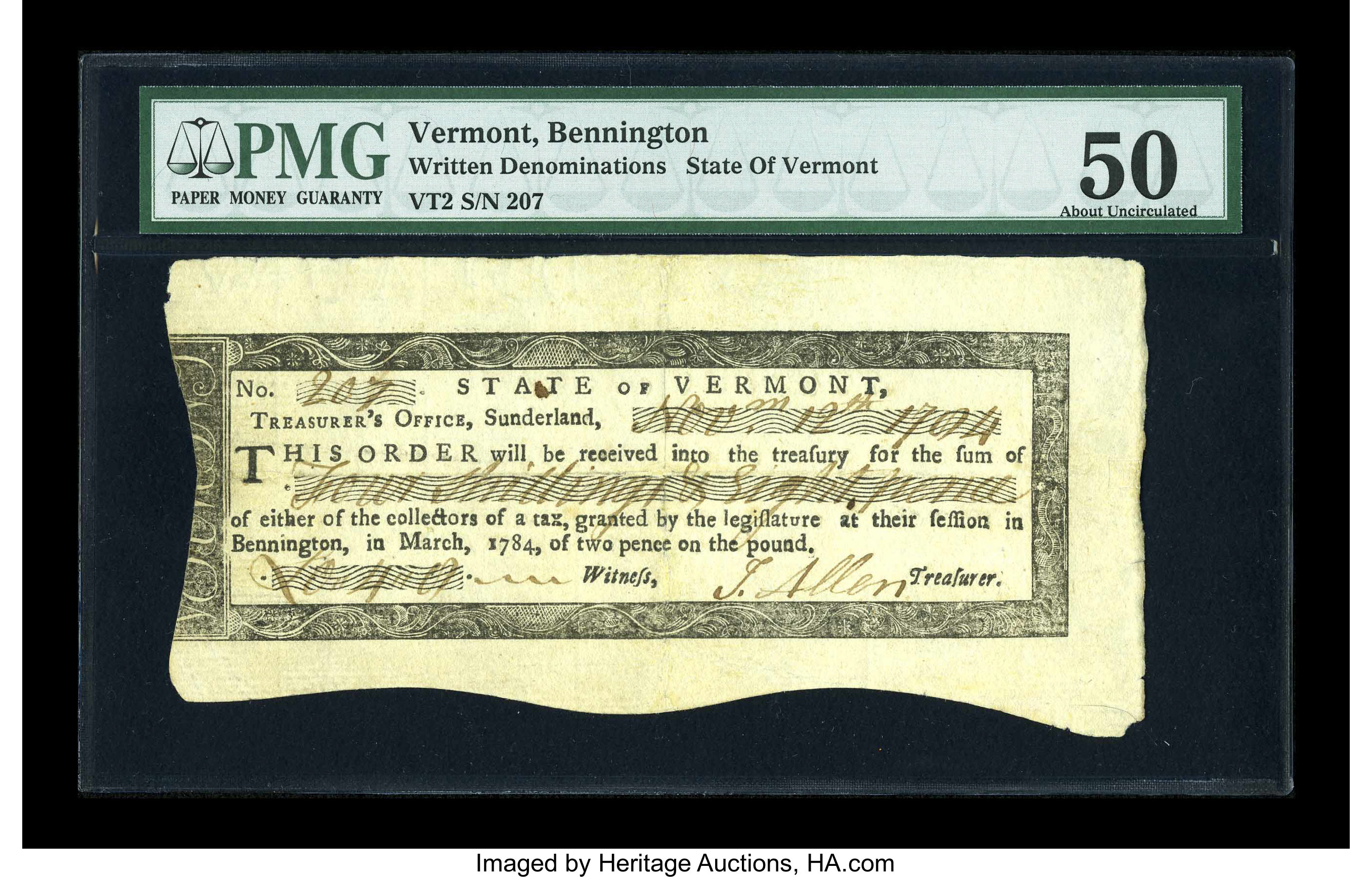 image for: Vermont Treasury Note March 1784 Sunderland Office 4s8d PMG About Uncirculated 50....