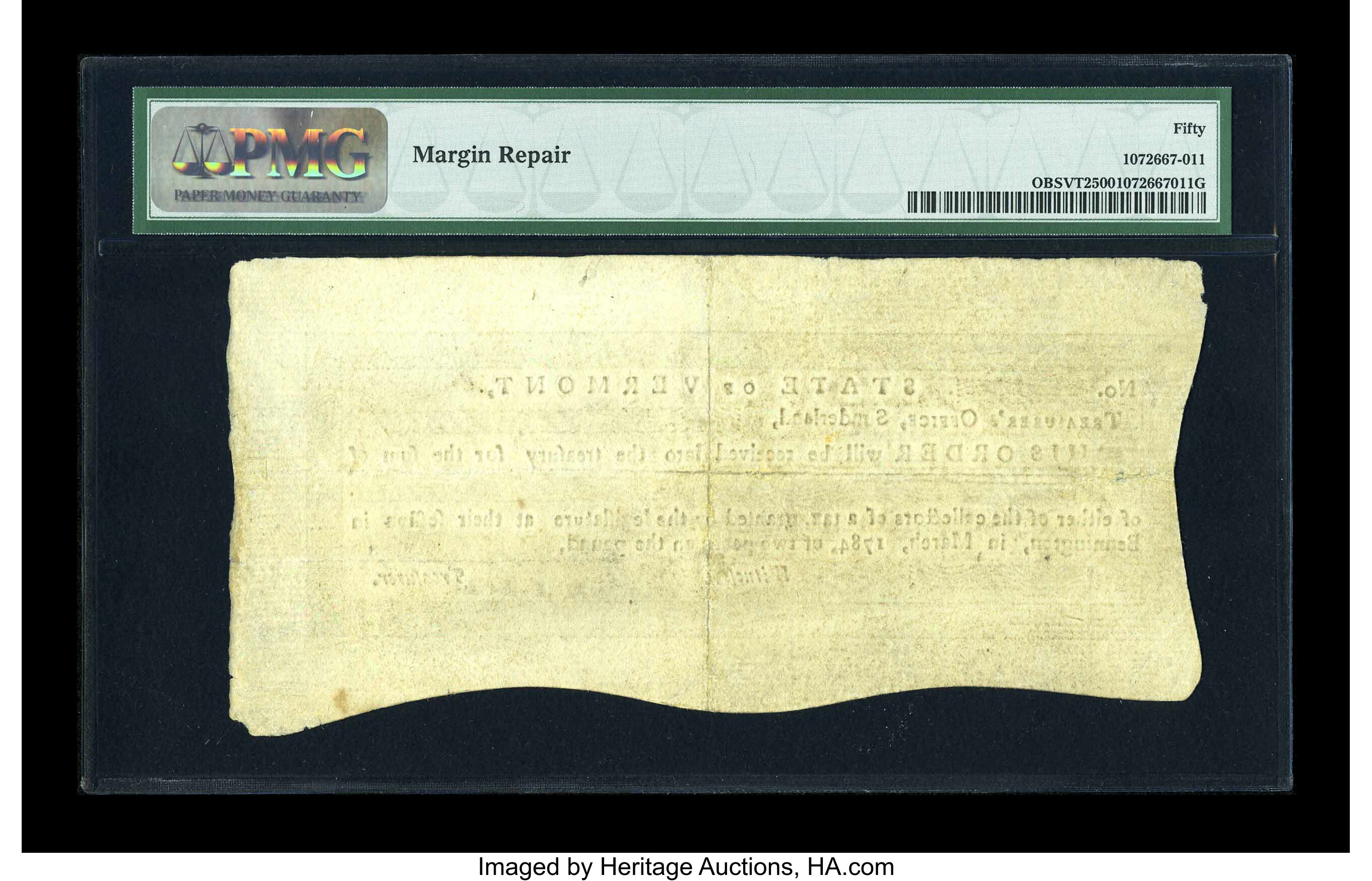 image for: Vermont Treasury Note March 1784 Sunderland Office 4s8d PMG About Uncirculated 50....