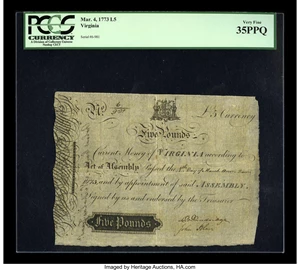 image for: Virginia March 4, 1773 L5 PCGS Very Fine 35PPQ....