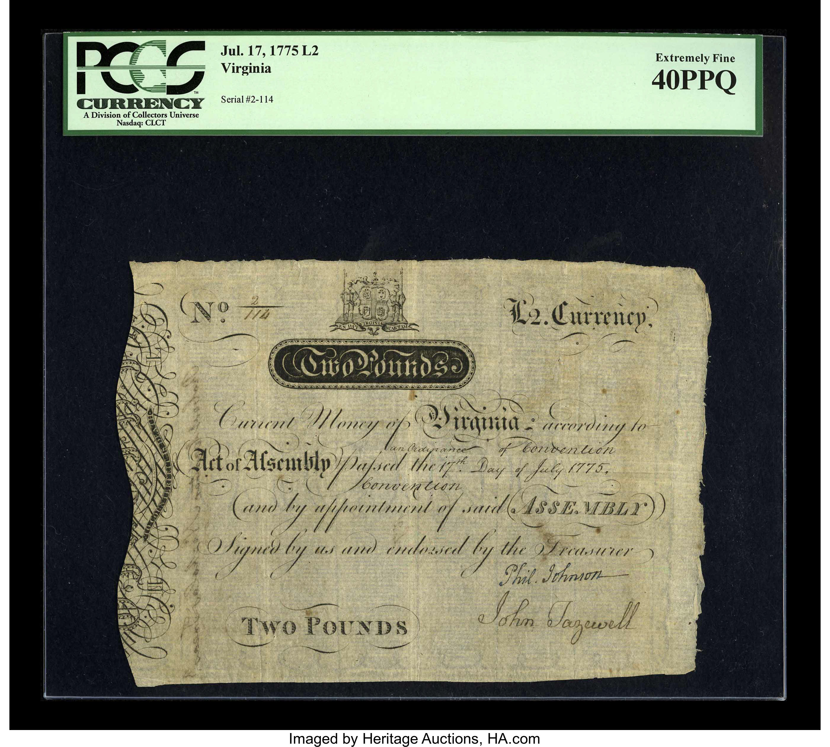 image for: Virginia July 17, 1775 L2 PCGS Extremely Fine 40PPQ....