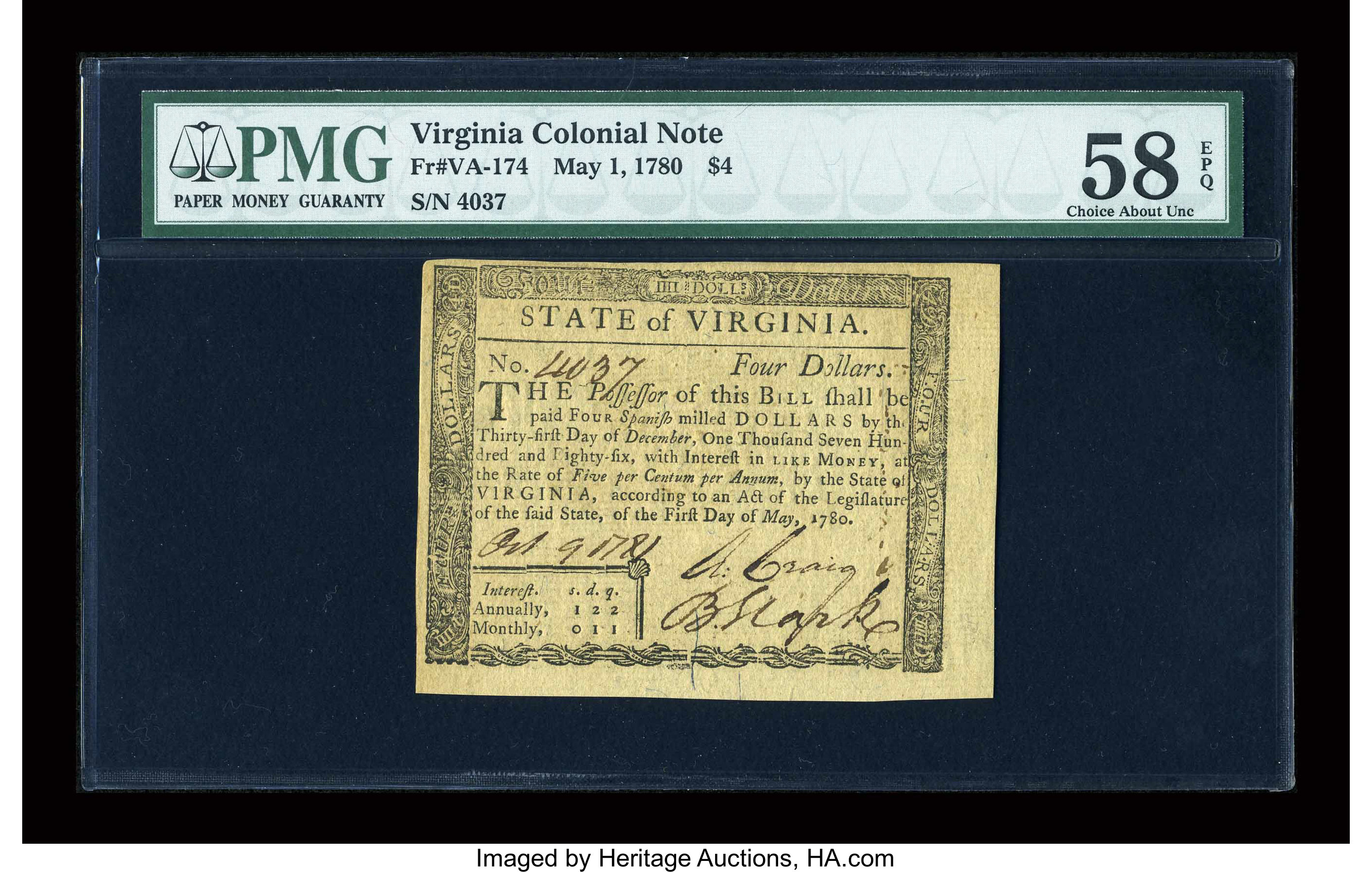 image for: Virginia May 1, 1780 $4 PMG Choice About Unc 58 EPQ....