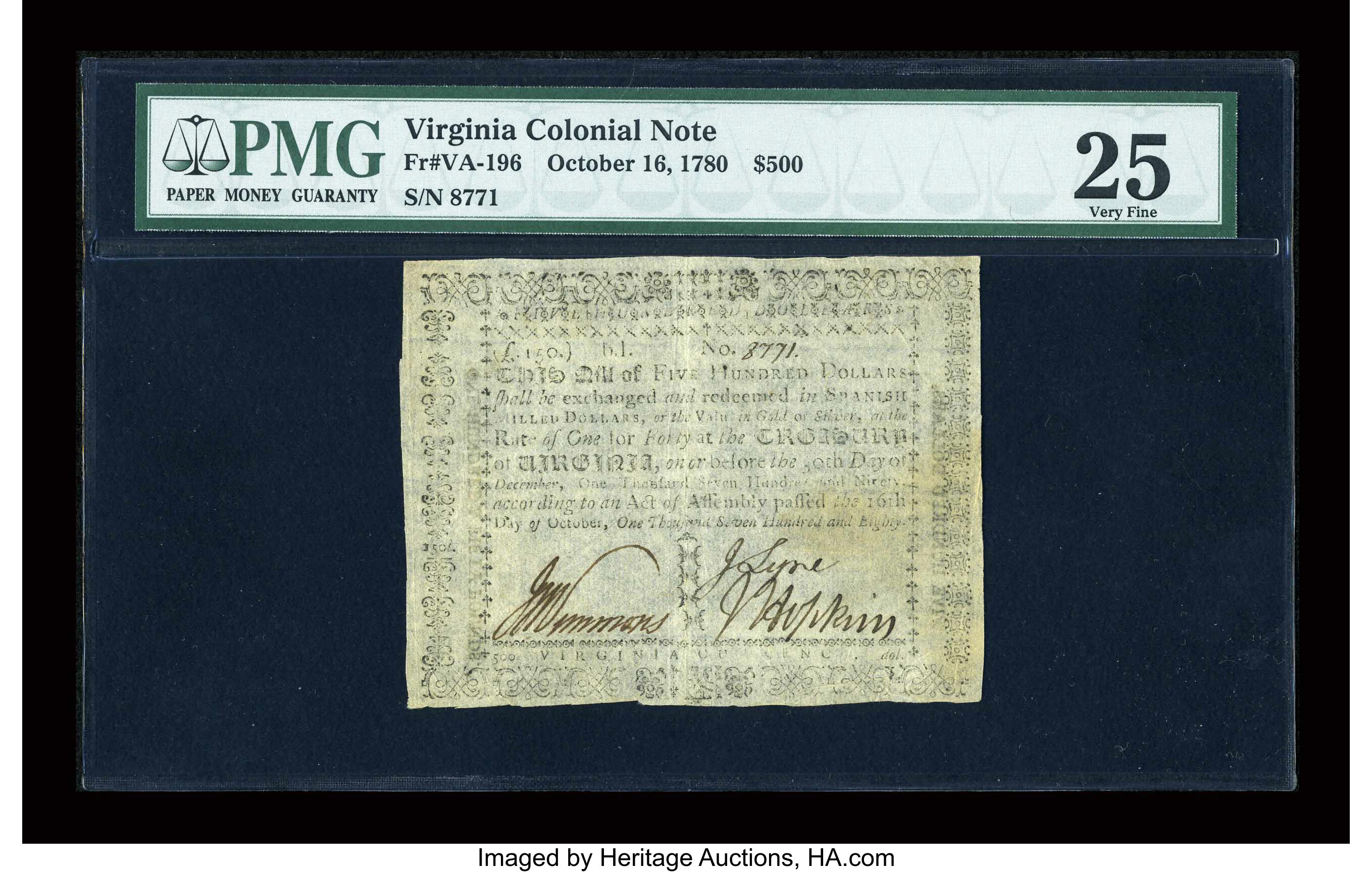 image for: Virginia October 16, 1780 $500 PMG Very Fine 25....