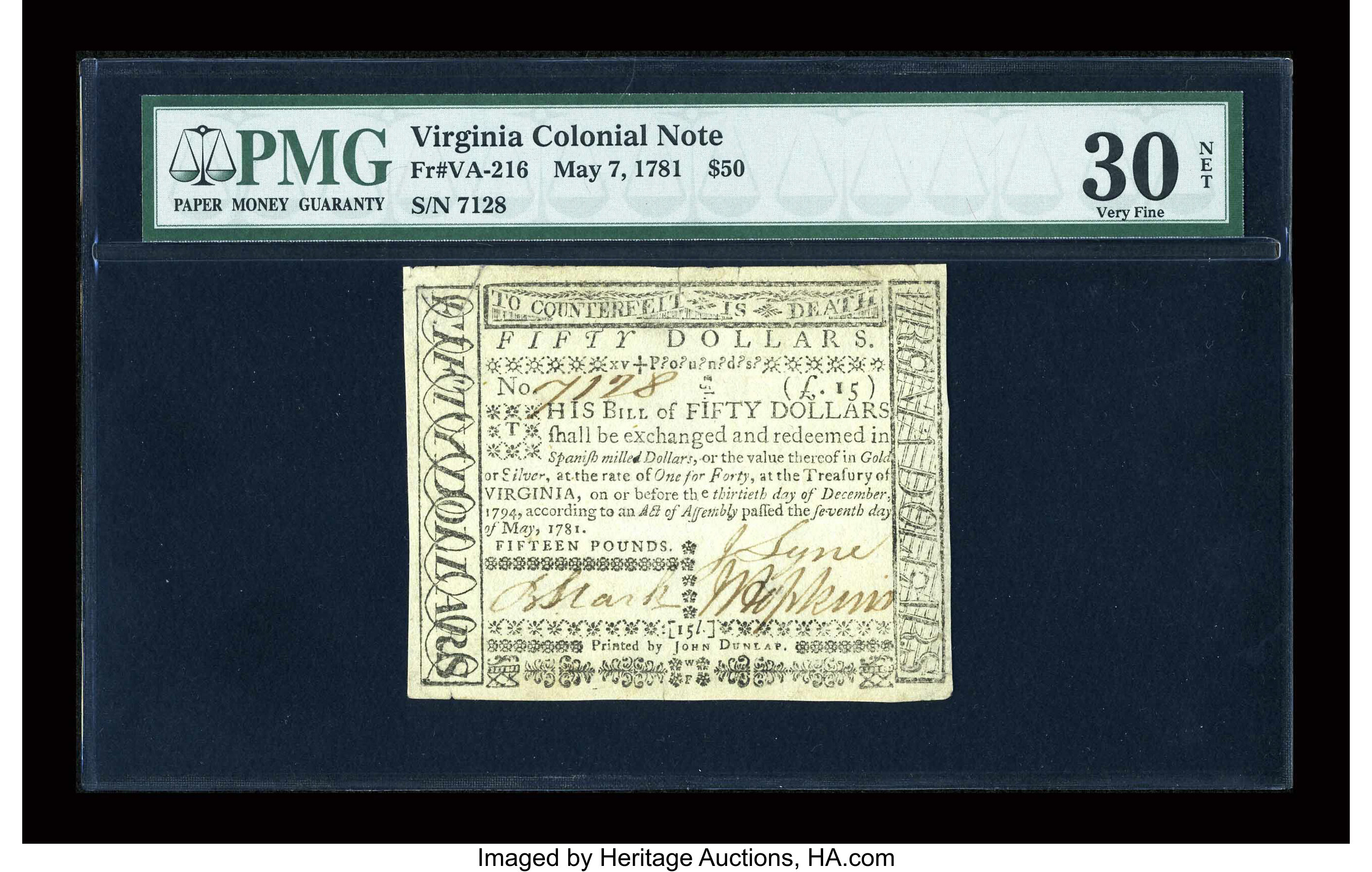 image for: Virginia May 7, 1781 $50 PMG Very Fine 30 Net....