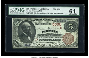 image for: San Francisco, CA - $5 1882 Brown Back Fr. 475 The San Francisco NB Ch. # (P)5096...